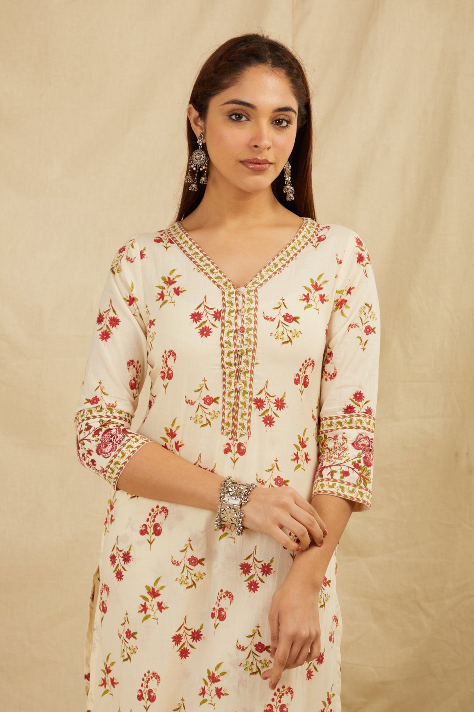 Cream Butti Printed Cotton Kurta Pant Set