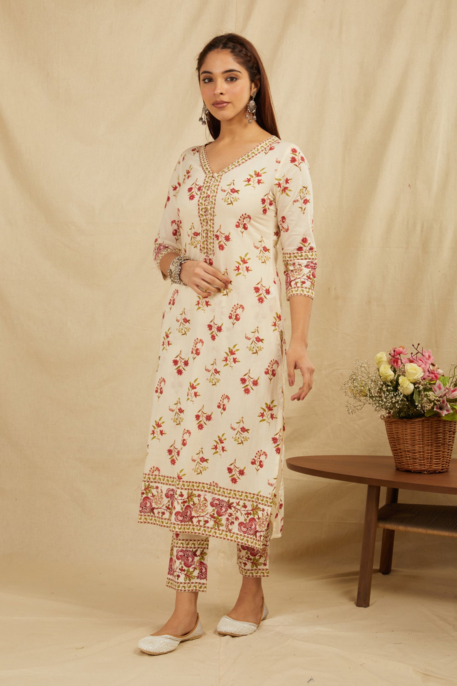 Cream Butti Printed Cotton Kurta Pant Set