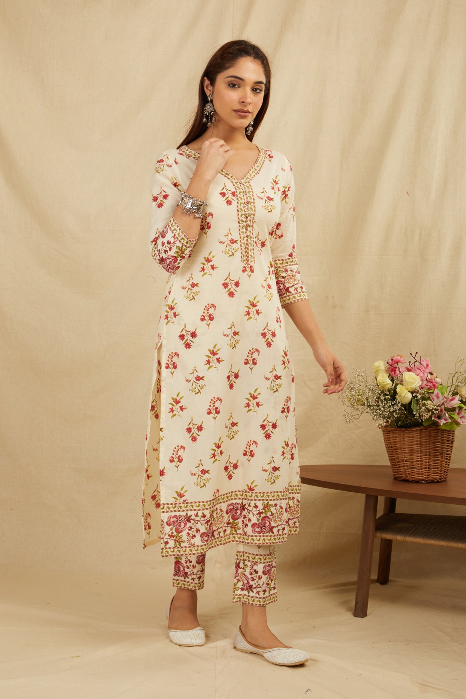 Cream Butti Printed Cotton Kurta Pant Set