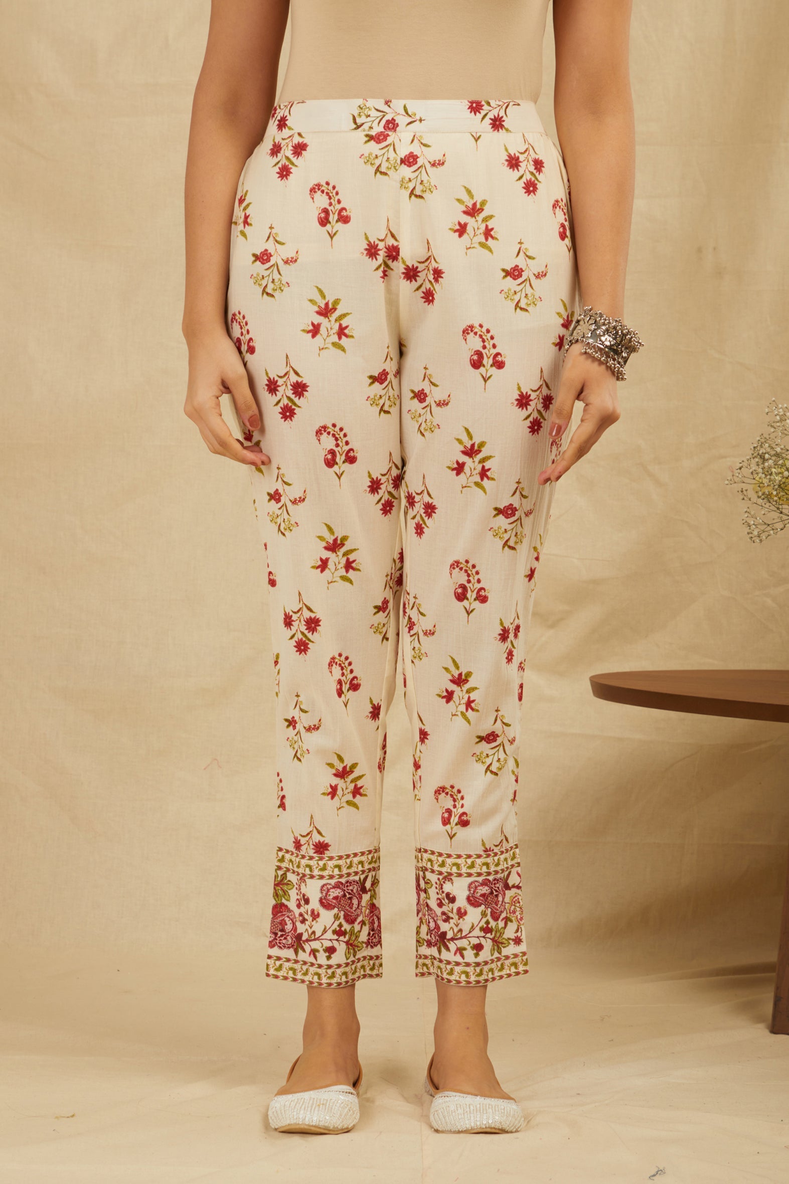 Cream Butti Printed Cotton Kurta Pant Set