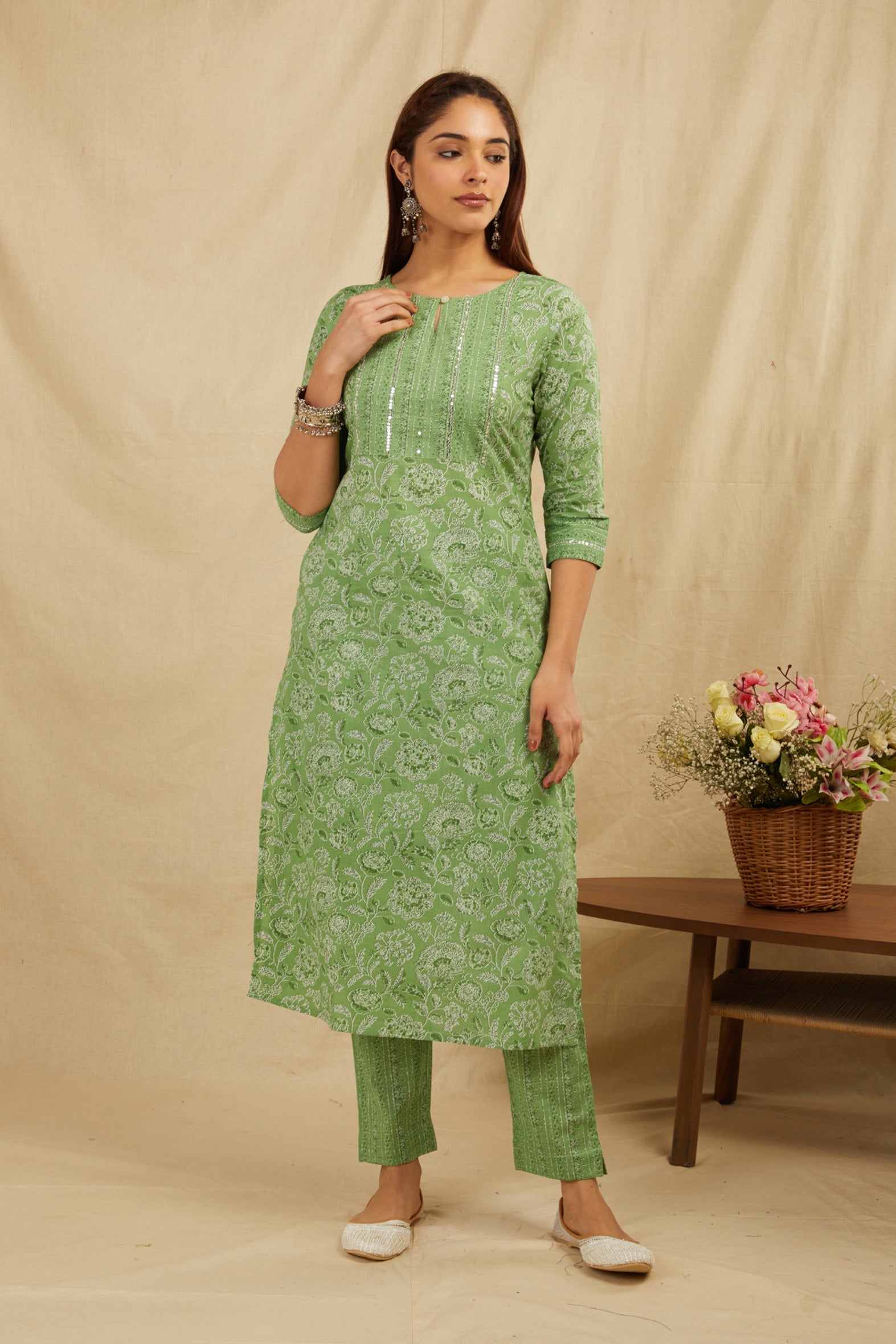 Green Straight Cotton Kurta Pant Set With Dupatta