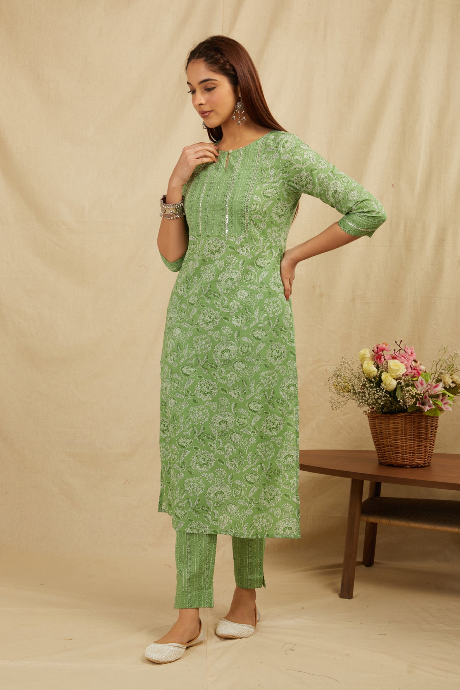 Green Straight Cotton Kurta Pant Set With Dupatta