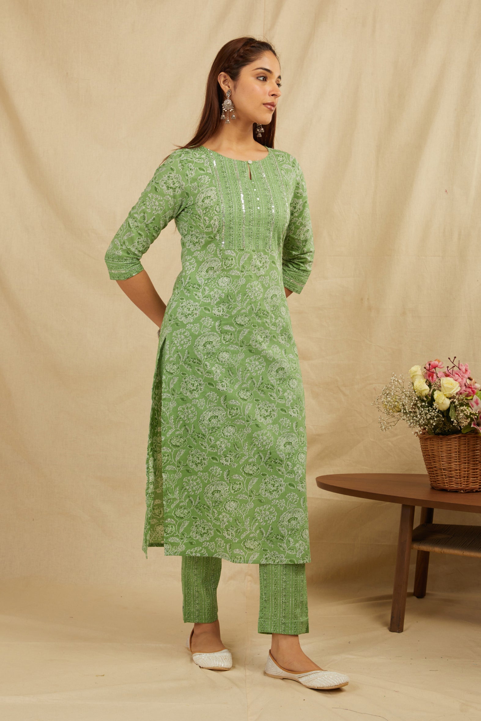 Green Straight Cotton Kurta Pant Set With Dupatta