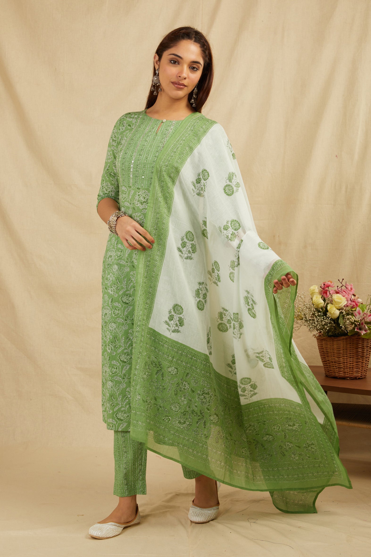 Green Straight Cotton Kurta Pant Set With Dupatta