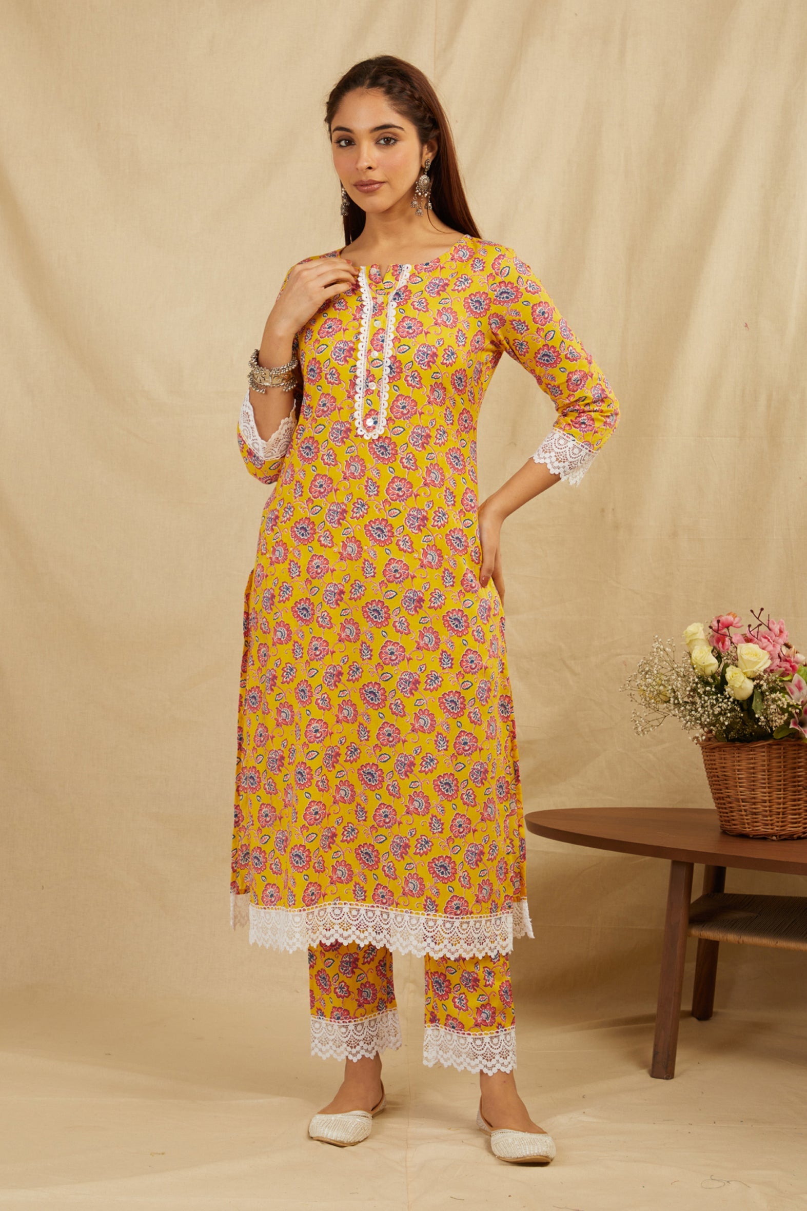 Mustard Printed Cotton Kurta Pant Set With Fancy Lace