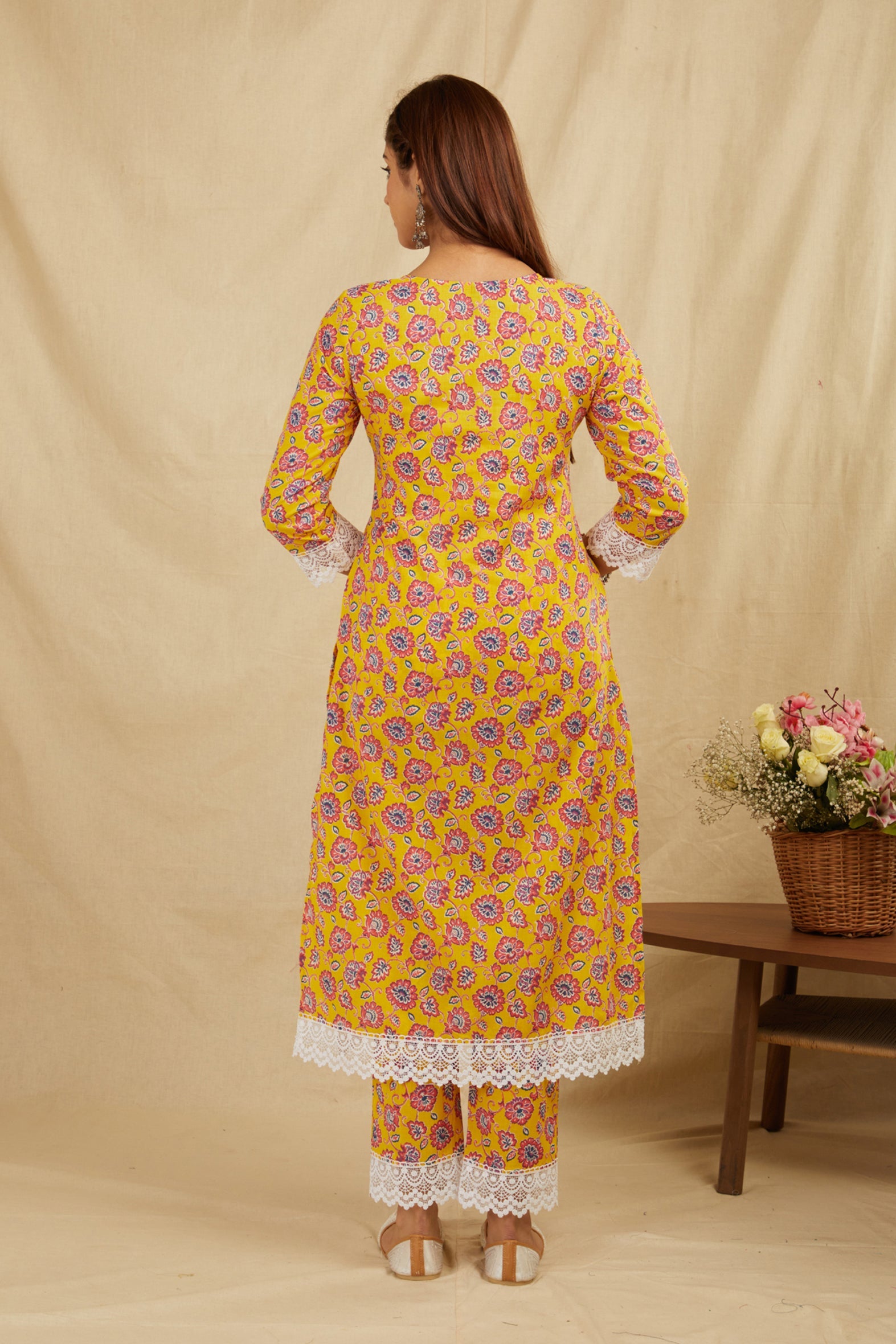 Mustard Printed Cotton Kurta Pant Set With Fancy Lace