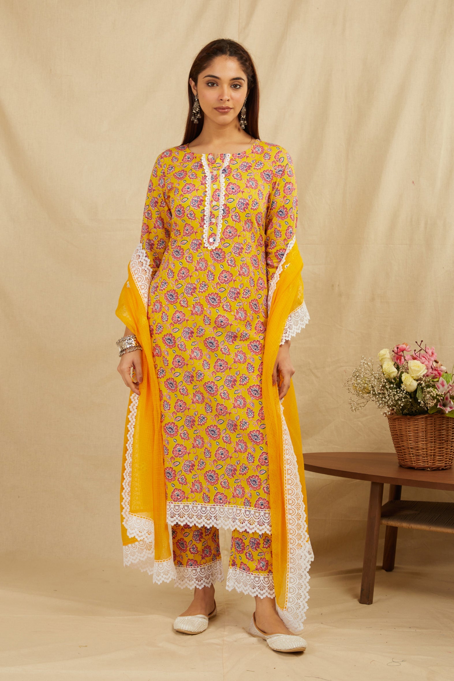 Mustard Printed Cotton Kurta Pant Set With Dupatta & Fancy Lace