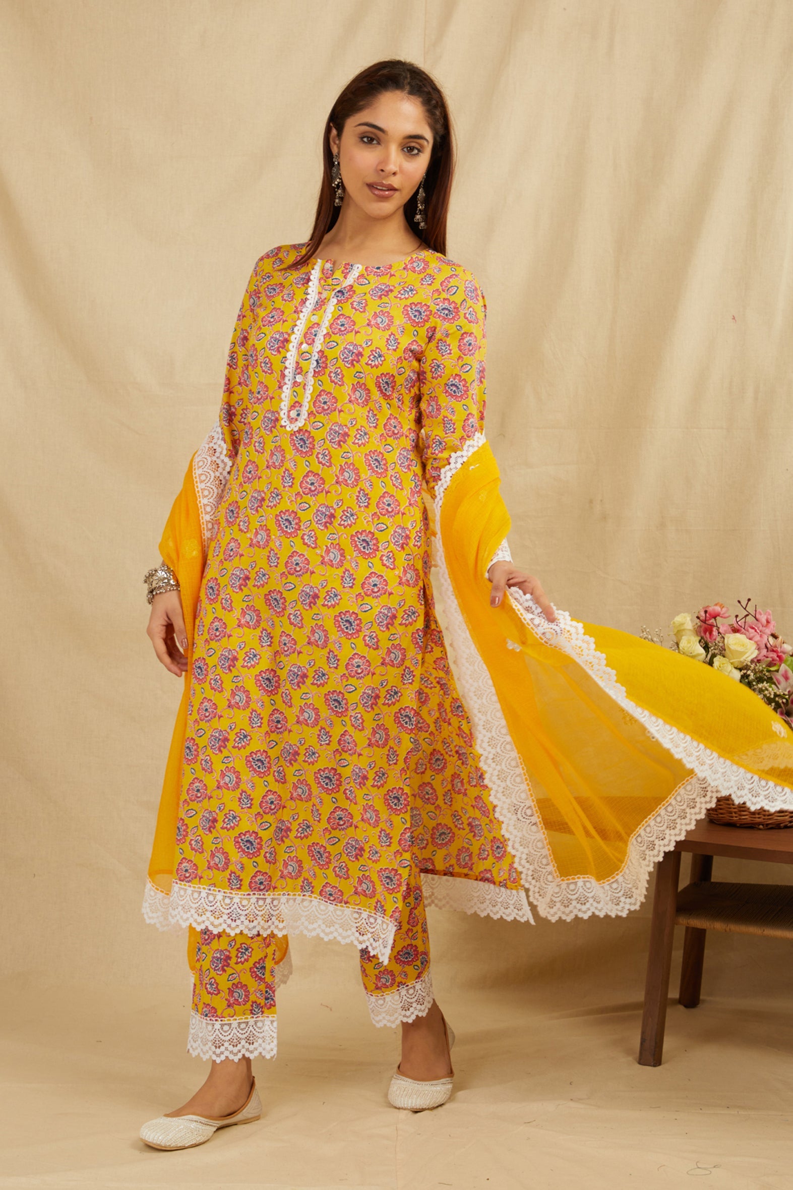 Mustard Printed Cotton Kurta Pant Set With Dupatta & Fancy Lace