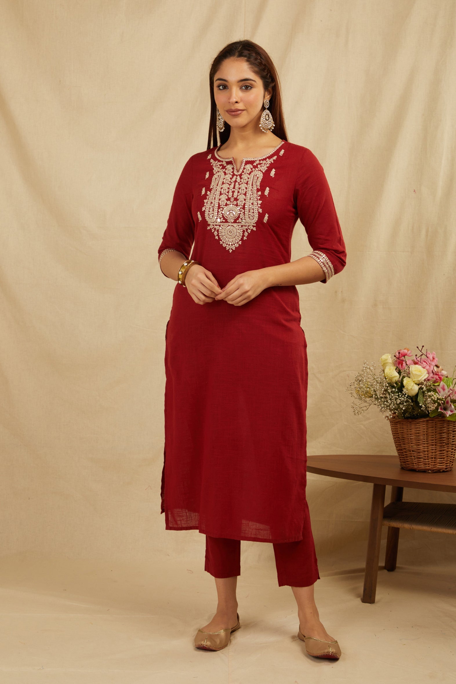 Maroon Cotton Partywear Suit Set With Work On Yoke