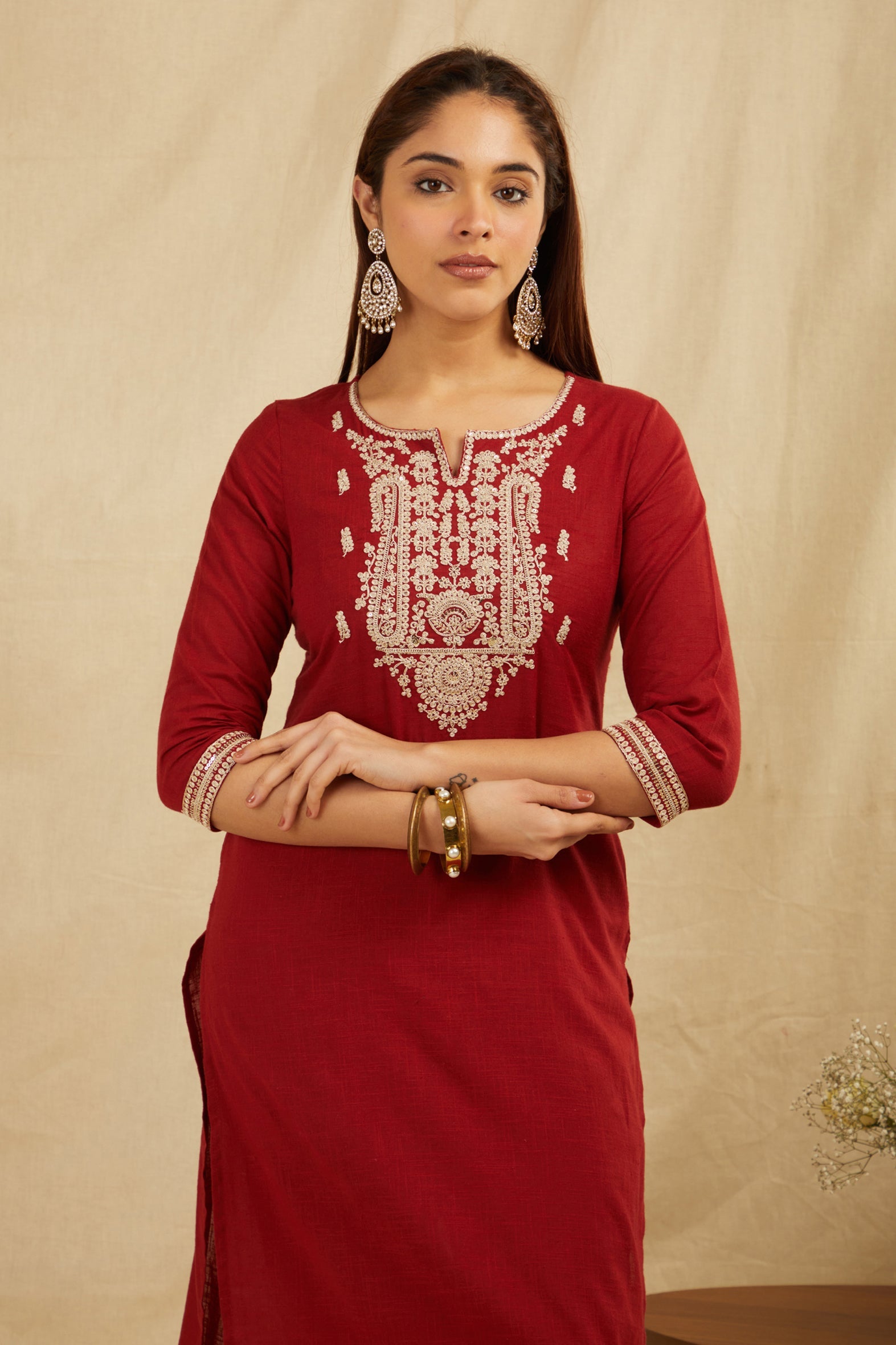 Maroon Cotton Partywear Suit Set With Work On Yoke