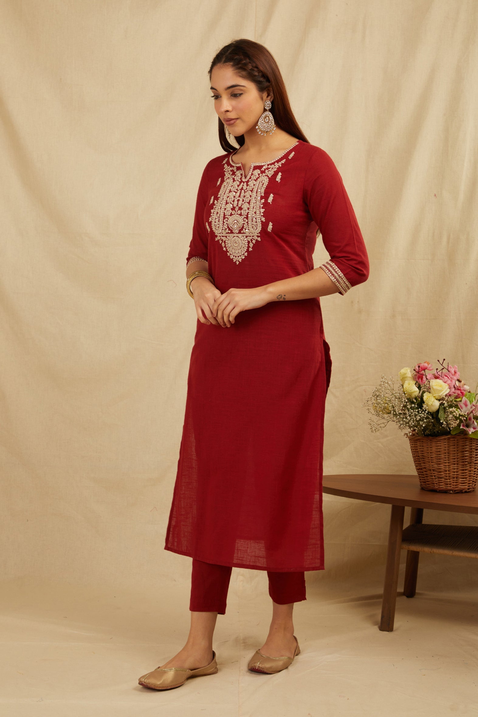 Maroon Cotton Partywear Suit Set With Work On Yoke