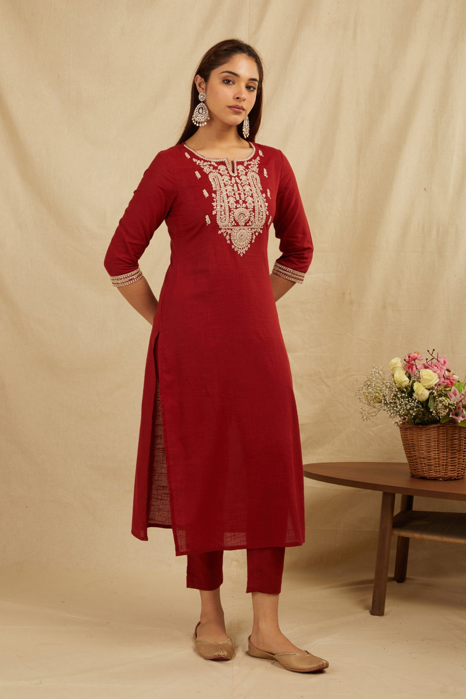 Maroon Cotton Partywear Suit Set With Work On Yoke