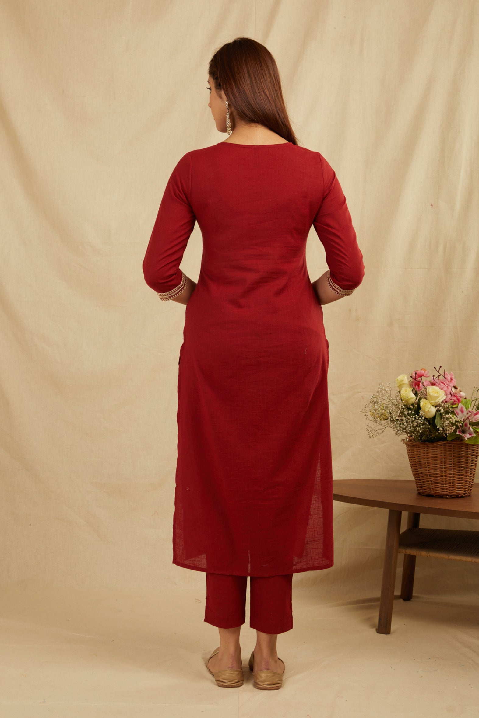 Maroon Cotton Partywear Suit Set With Work On Yoke