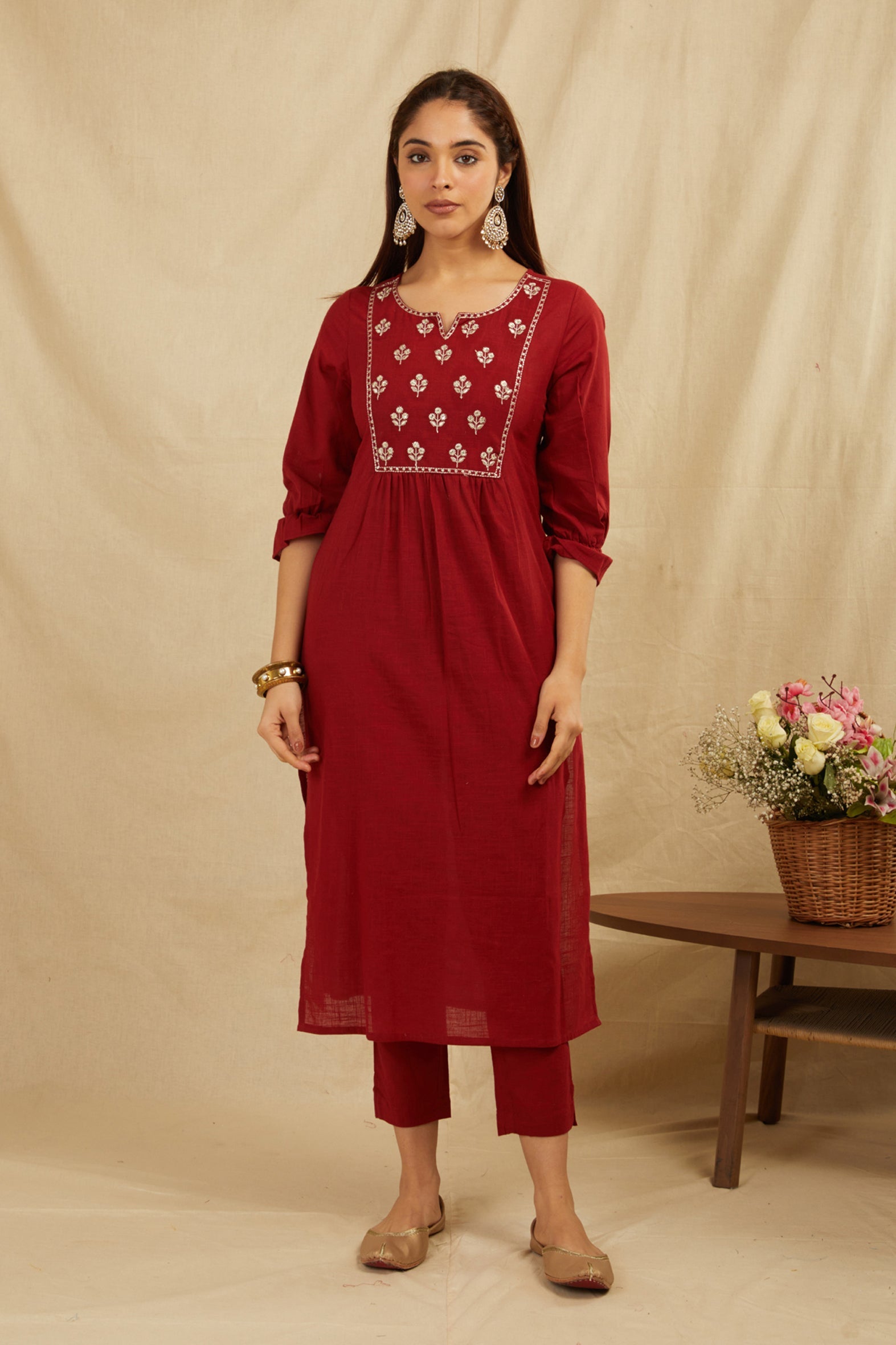 Maroon Cotton Partywear Suit Set With Work On Yoke