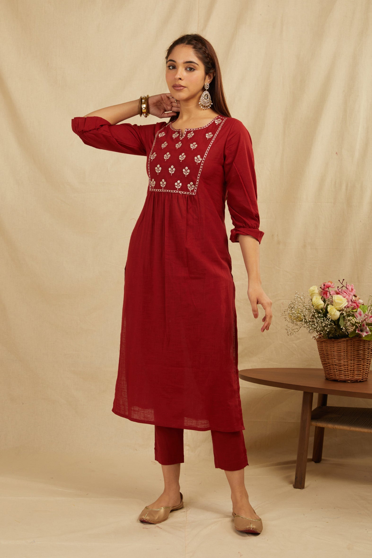 Maroon Cotton Partywear Suit Set With Work On Yoke