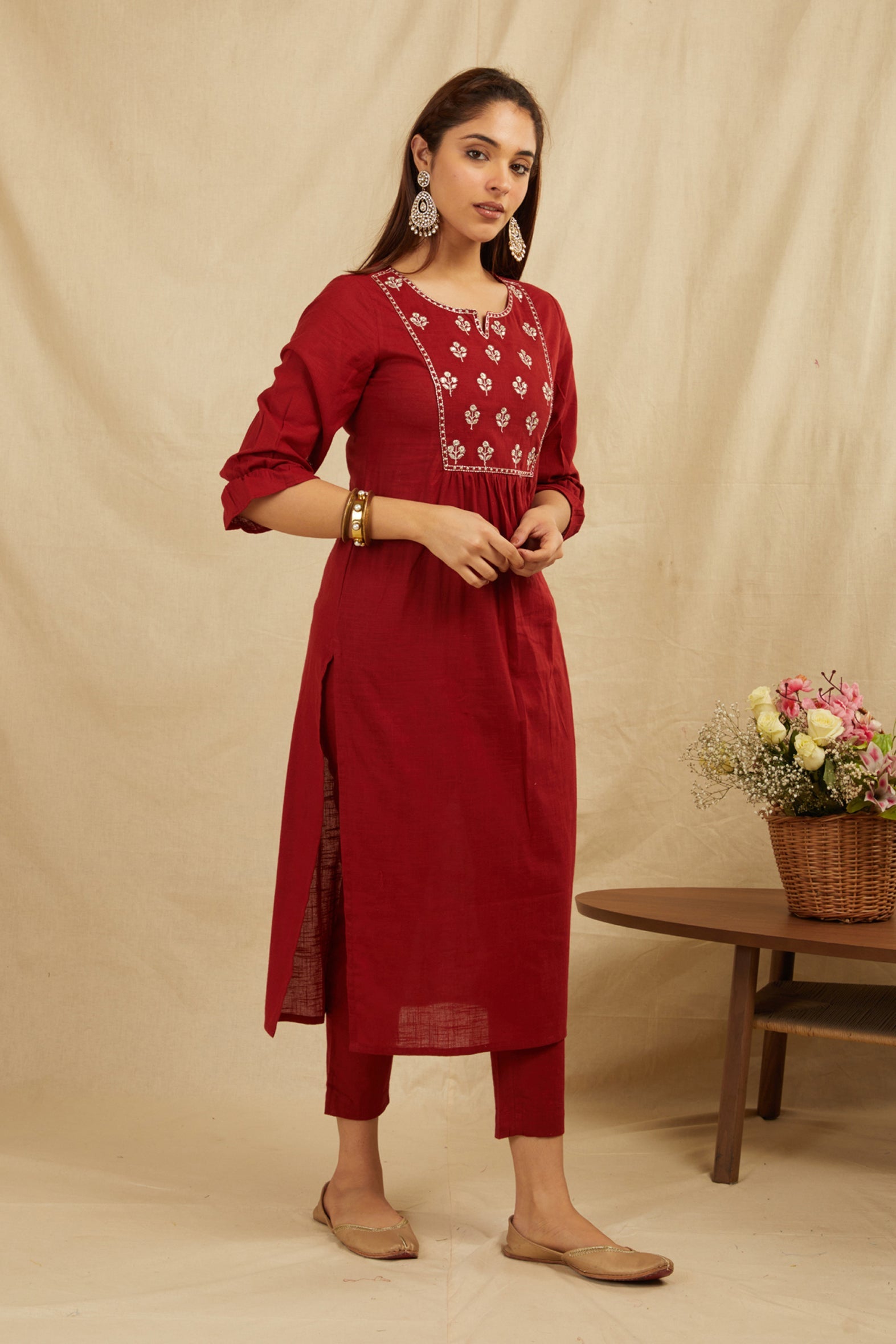 Maroon Cotton Partywear Suit Set With Work On Yoke