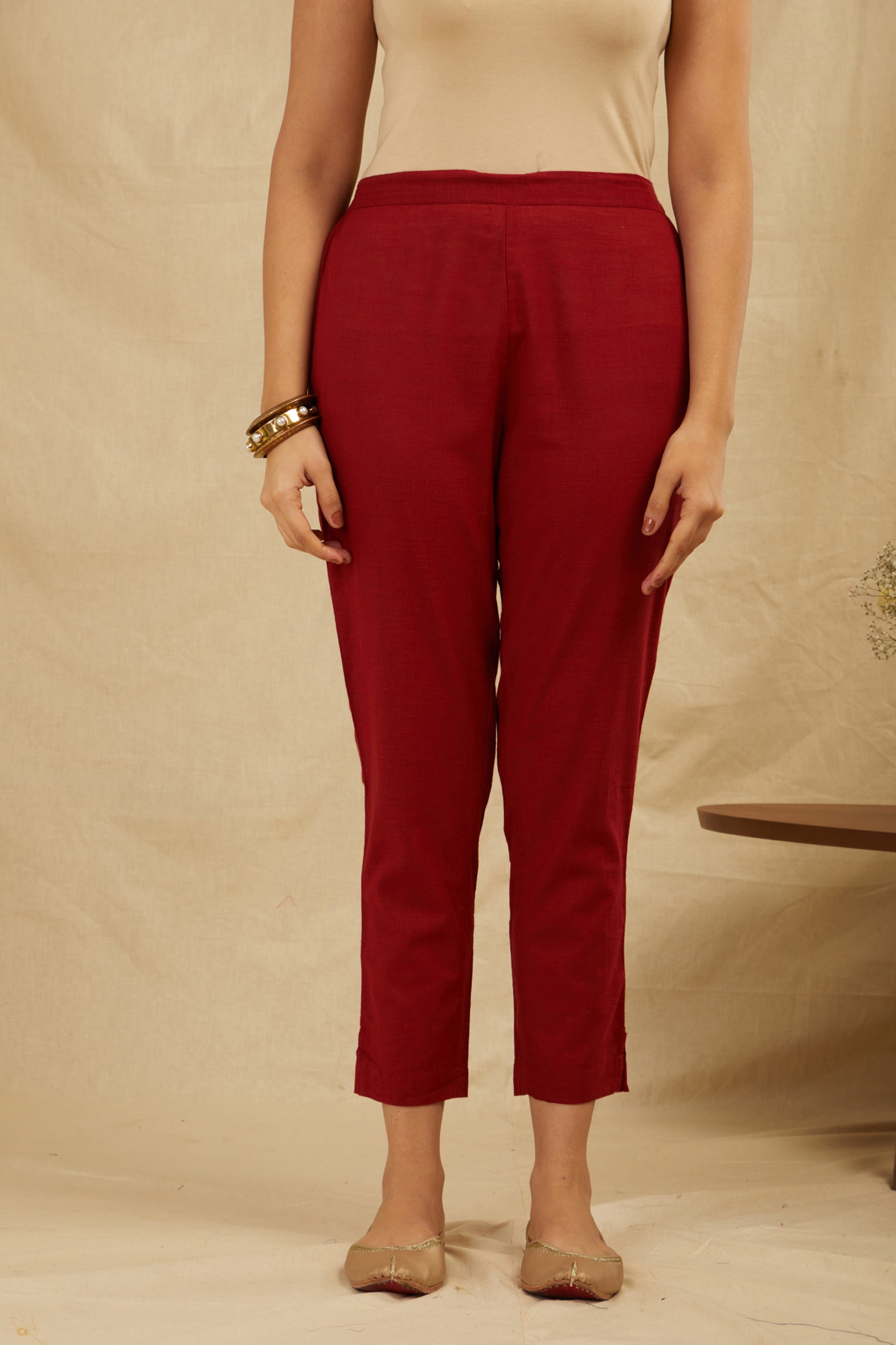 Maroon Cotton Partywear Suit Set With Work On Yoke