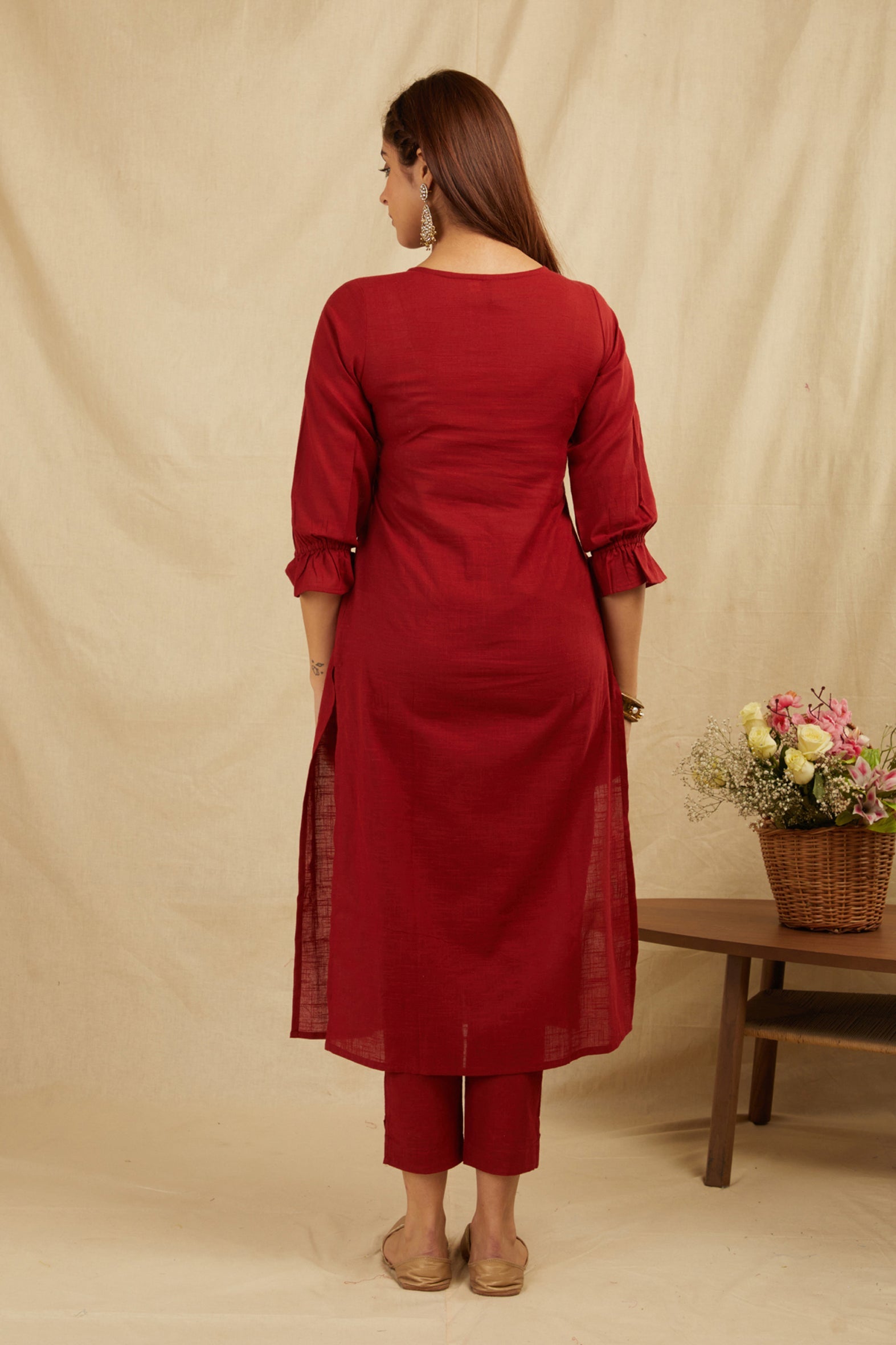 Maroon Cotton Partywear Suit Set With Work On Yoke