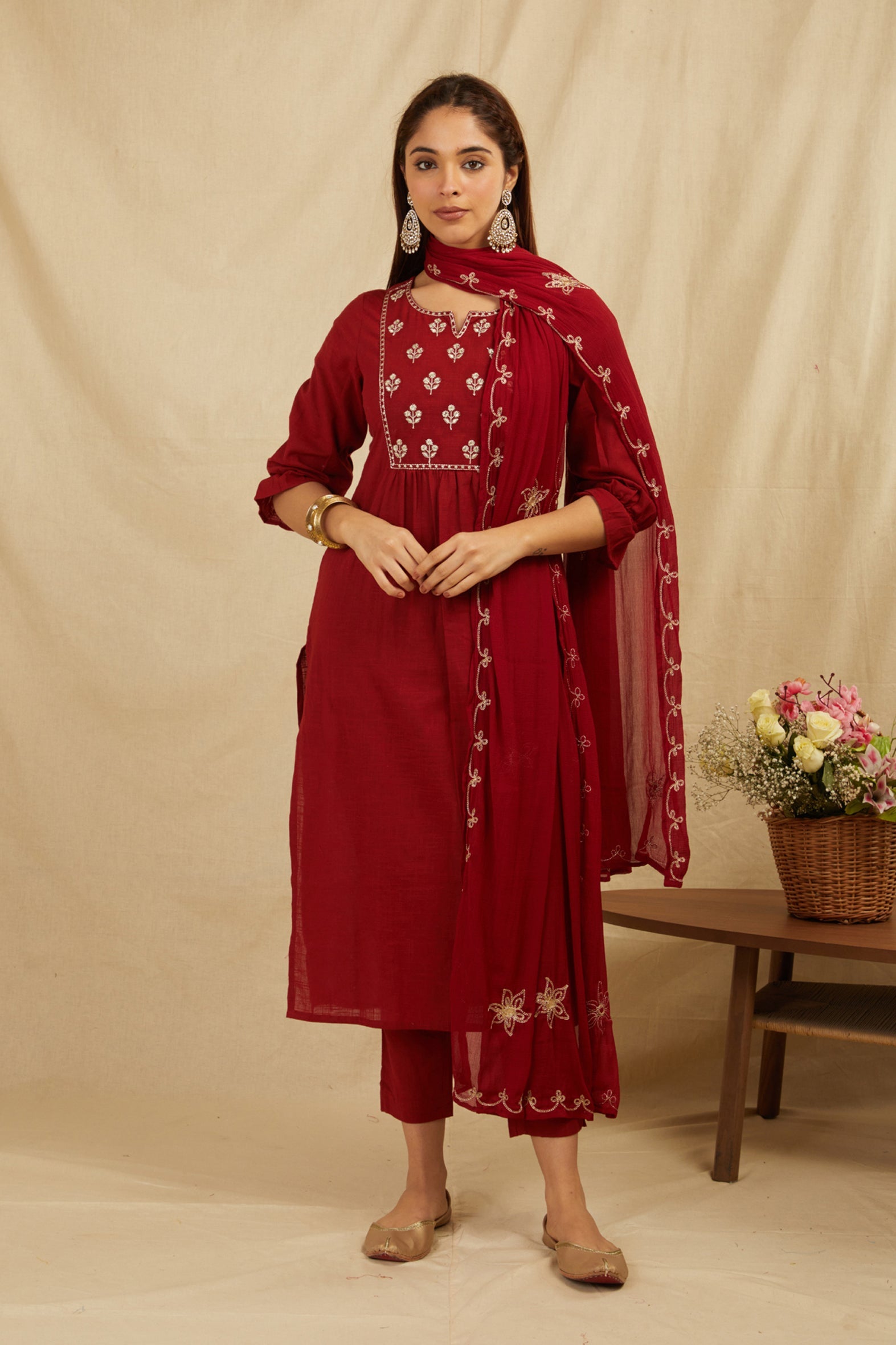 Maroon Cotton Partywear Suit Set With Work On Yoke