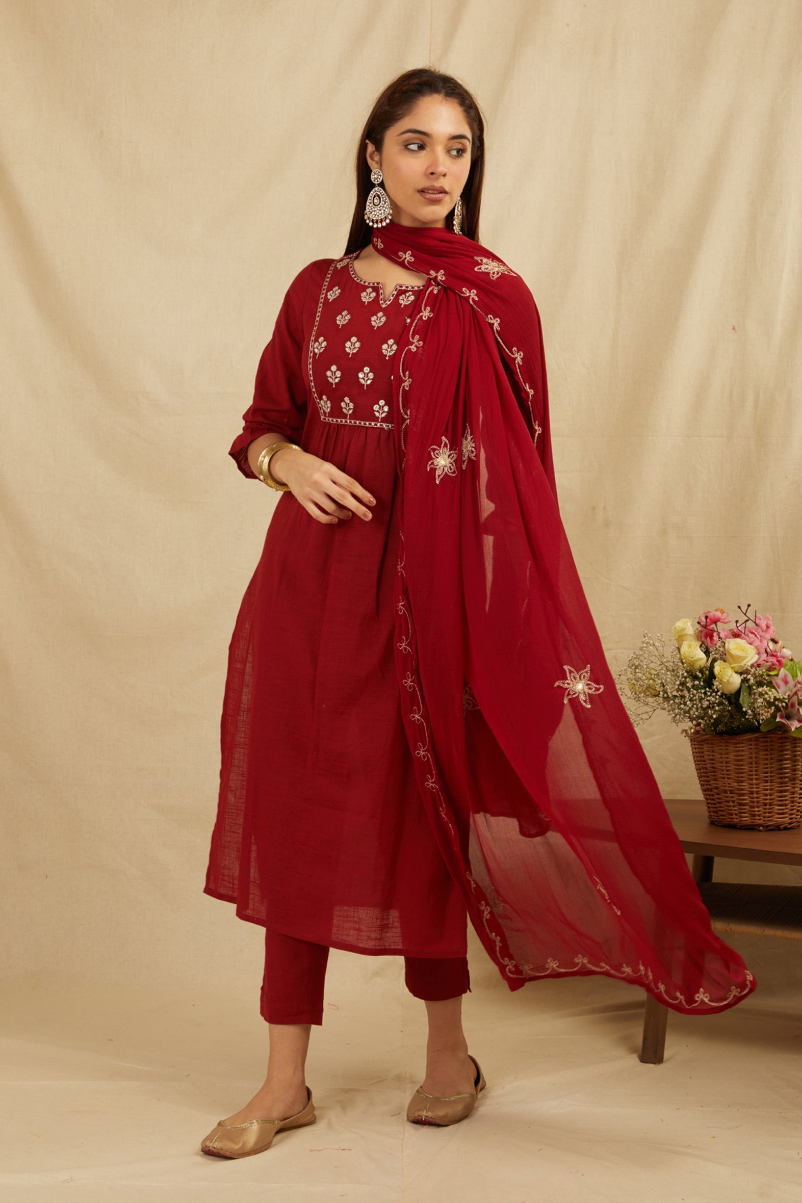 Maroon Cotton Partywear Suit Set With Work On Yoke