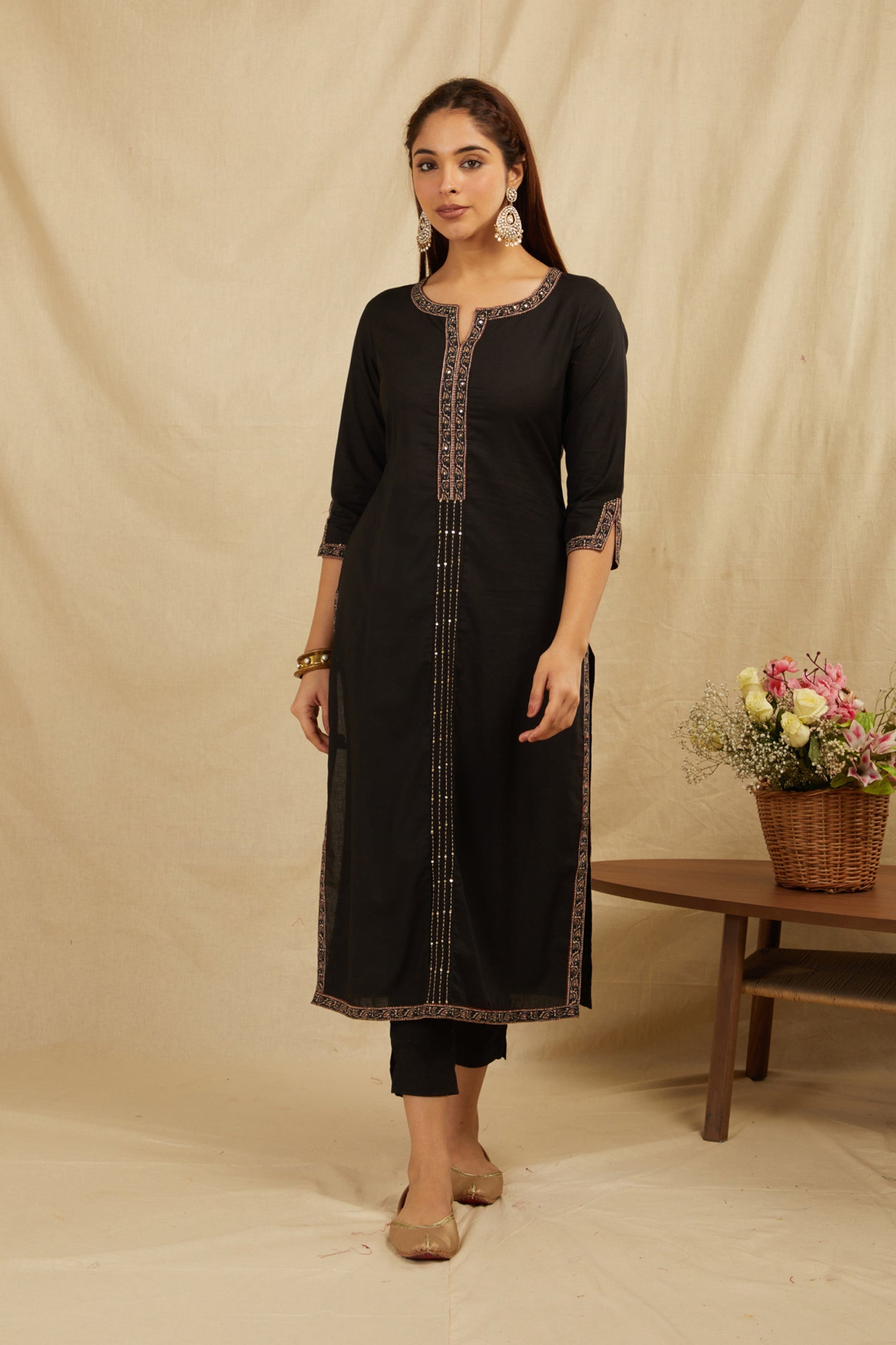 Black Printed Cotton Kurta with Pants