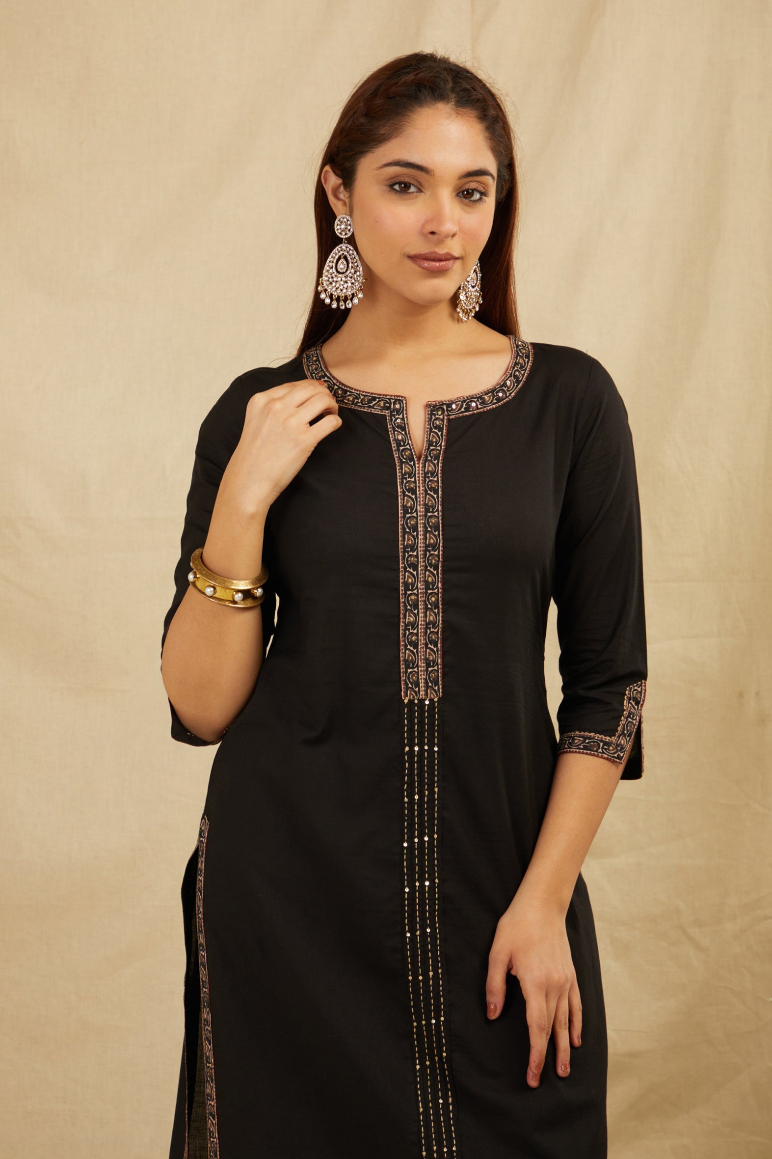 Black Printed Cotton Kurta with Pants