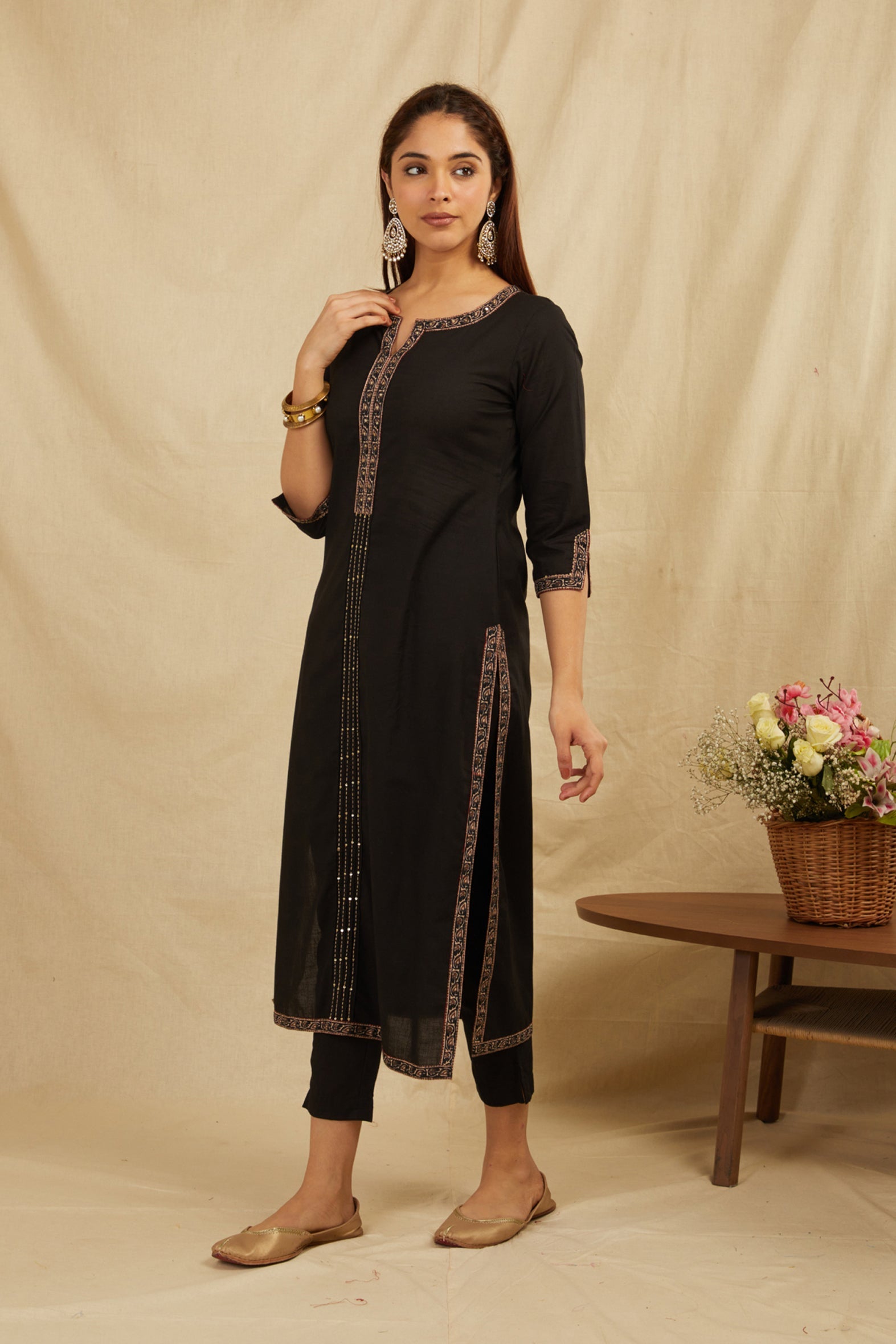 Black Printed Cotton Kurta with Pants