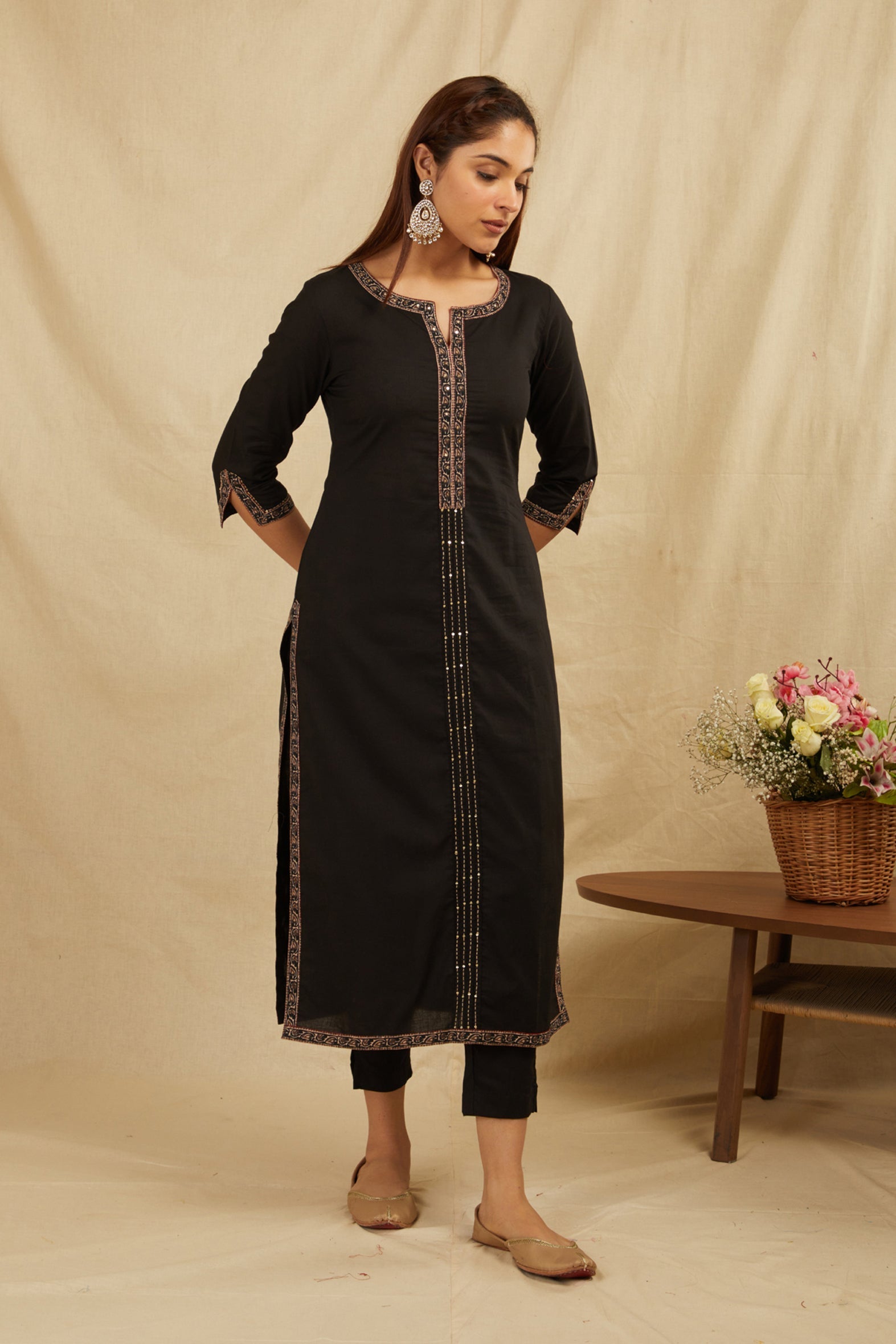 Black Printed Cotton Kurta with Pants