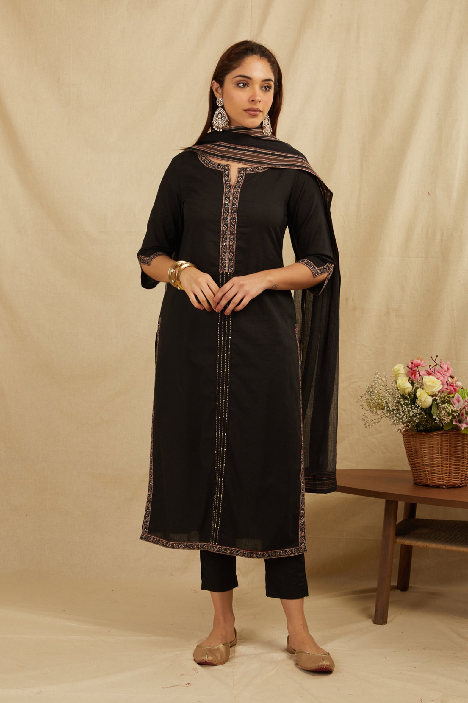 Black Hand Block Printed Cotton Suit with Dupatta