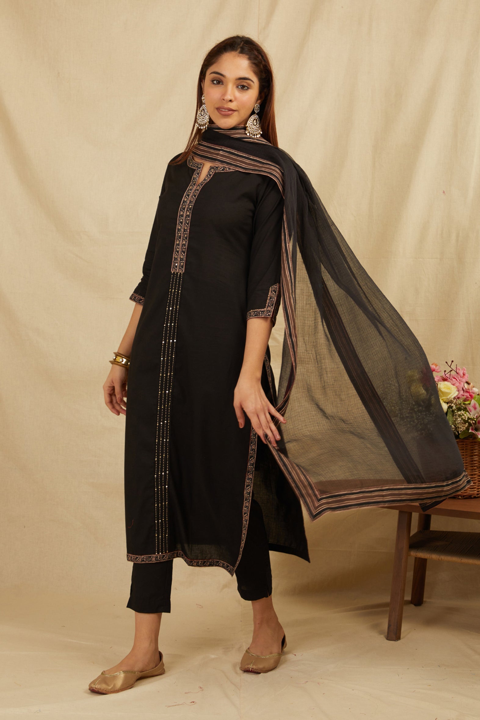 Black Hand Block Printed Cotton Suit with Dupatta