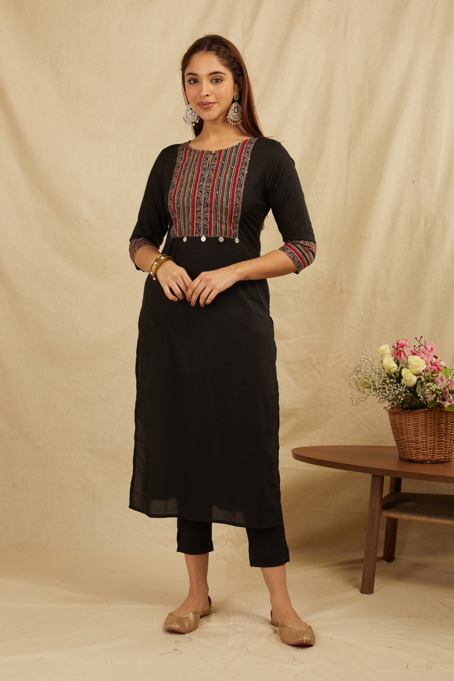 Black Hand Block Printed Cotton Kurta with Pants