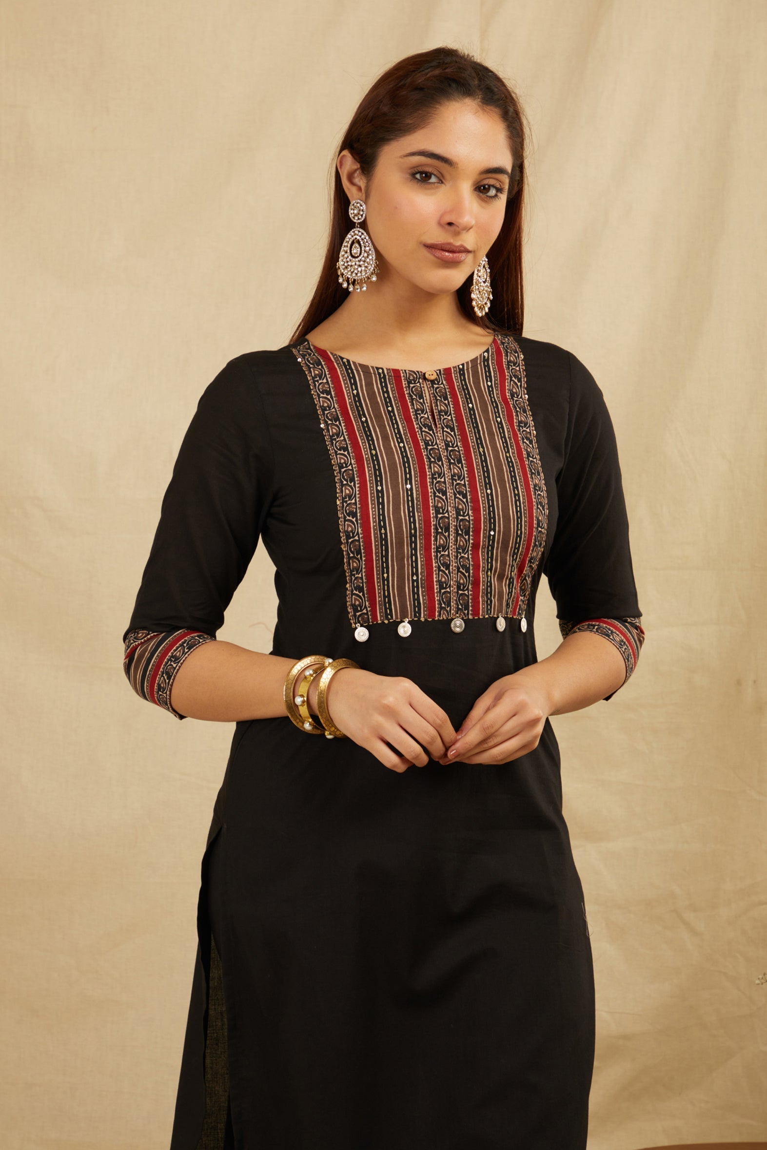 Black Hand Block Printed Cotton Kurta with Pants