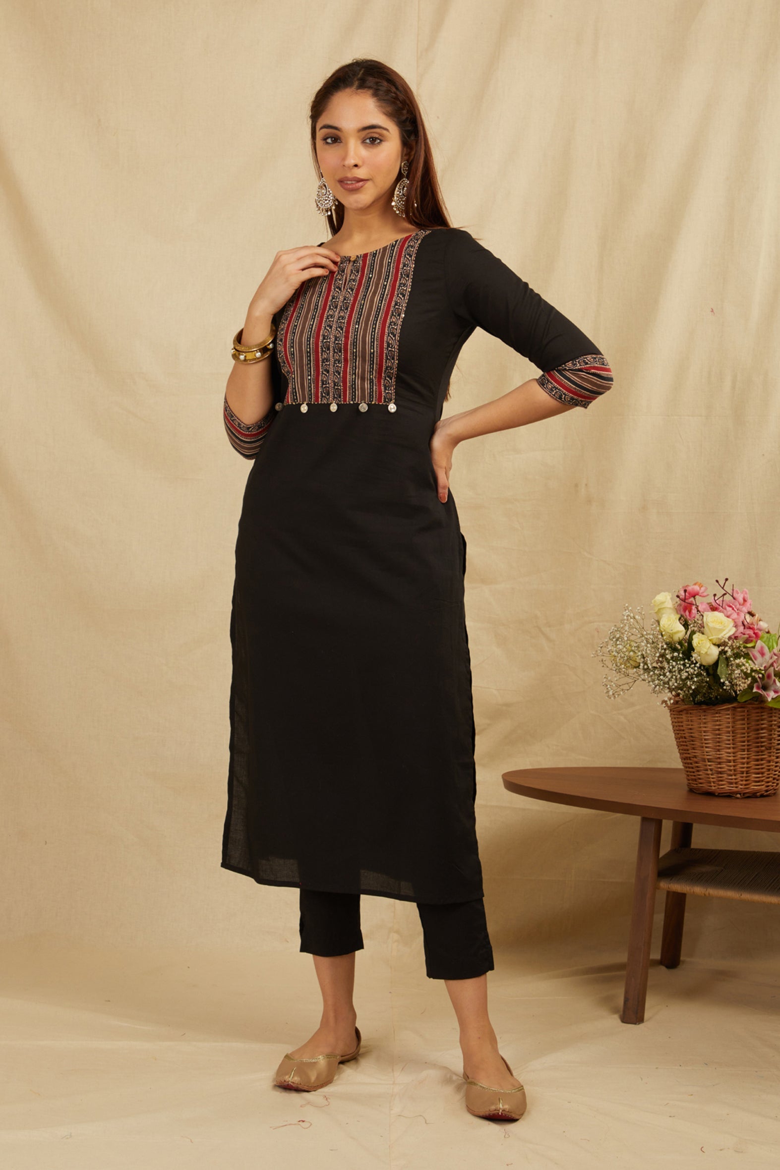 Black Hand Block Printed Cotton Kurta with Pants