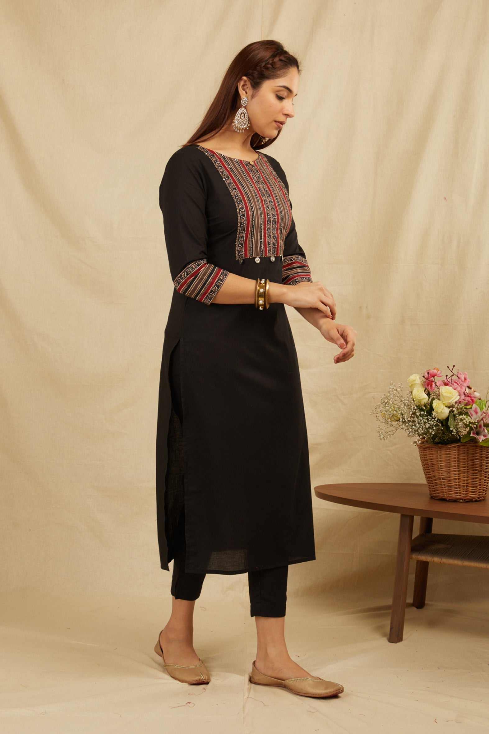 Black Hand Block Printed Cotton Kurta with Pants