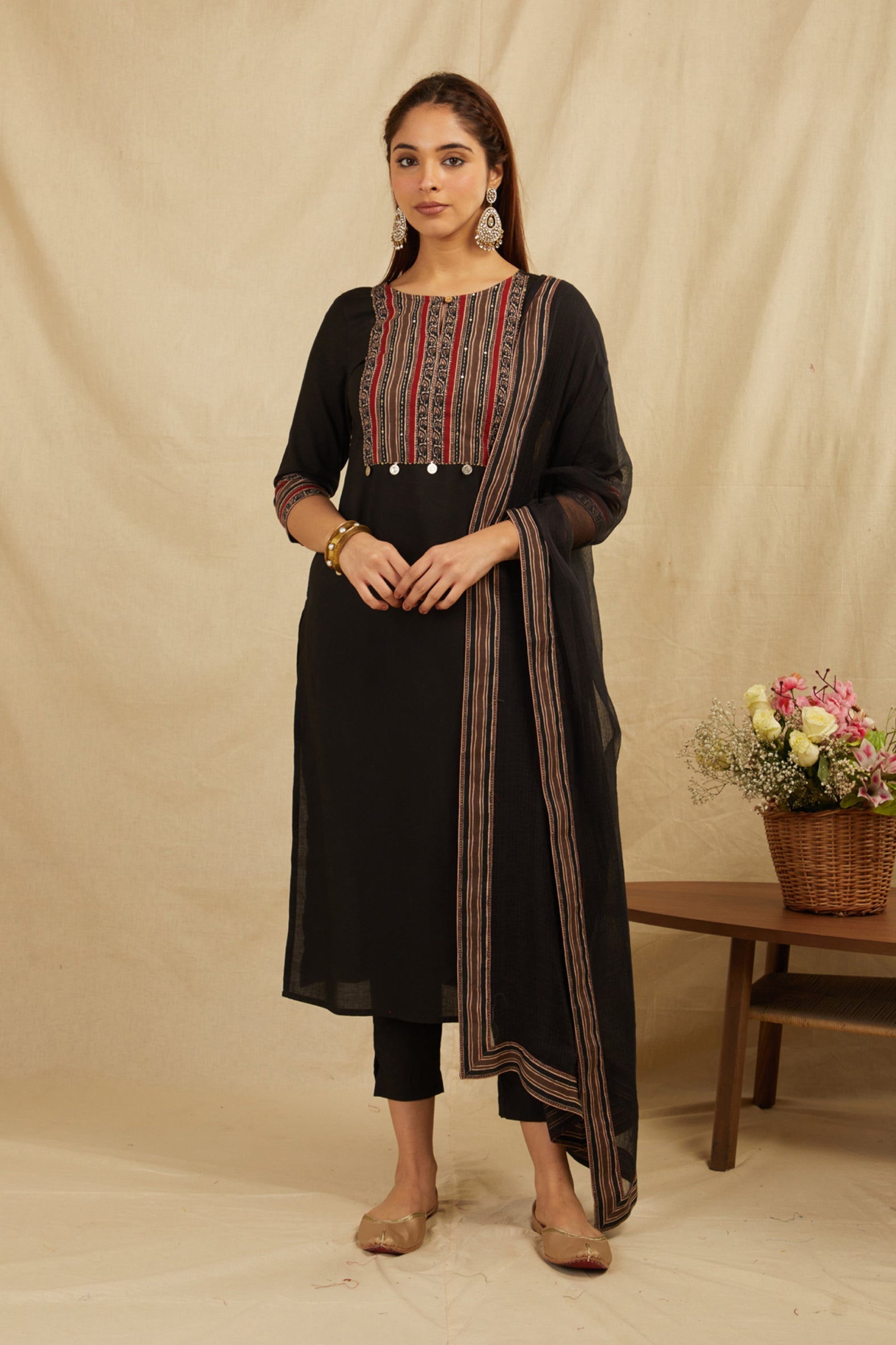 Black Printed Cotton Suit with Dupatta