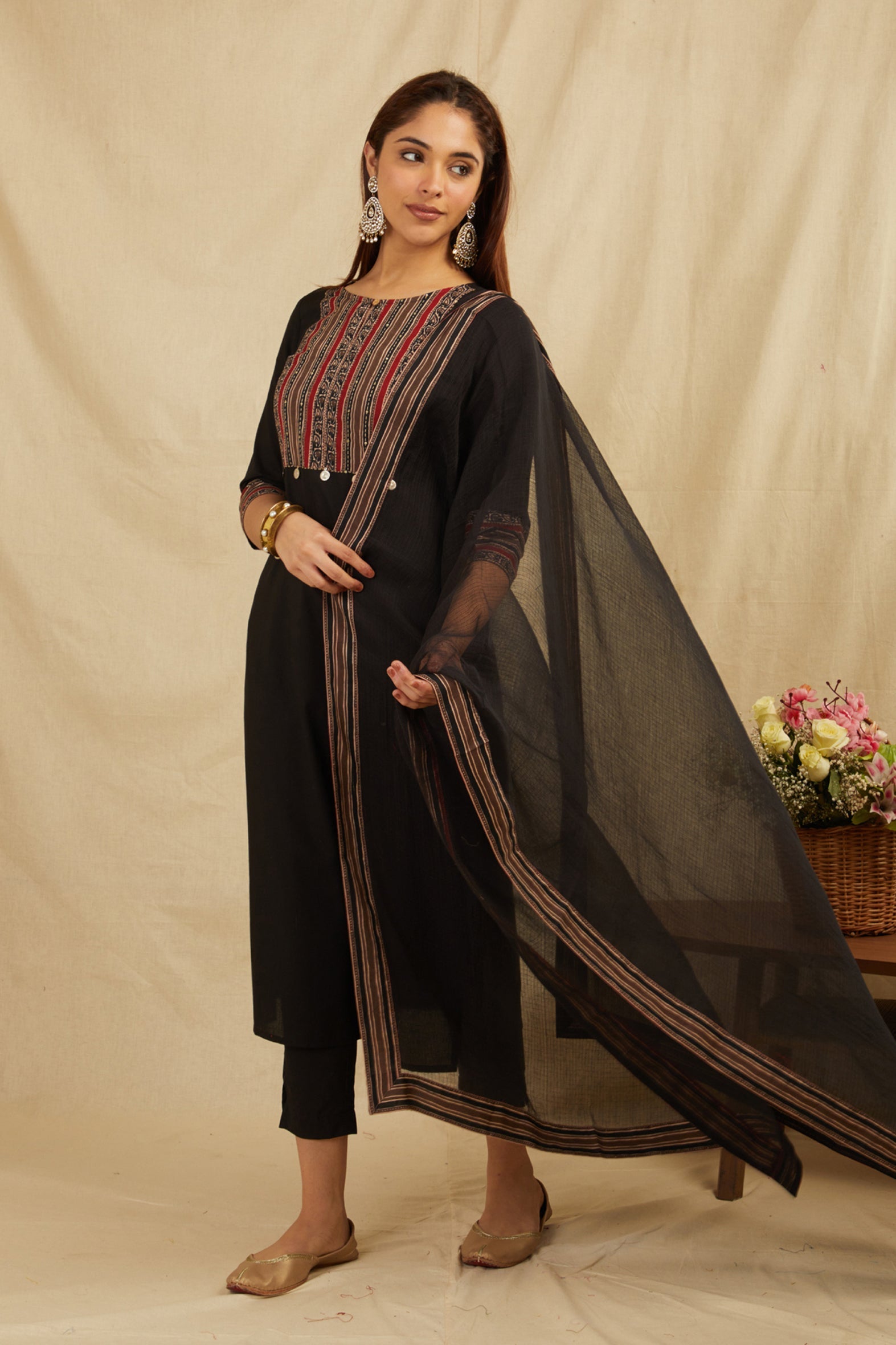 Black Printed Cotton Suit with Dupatta