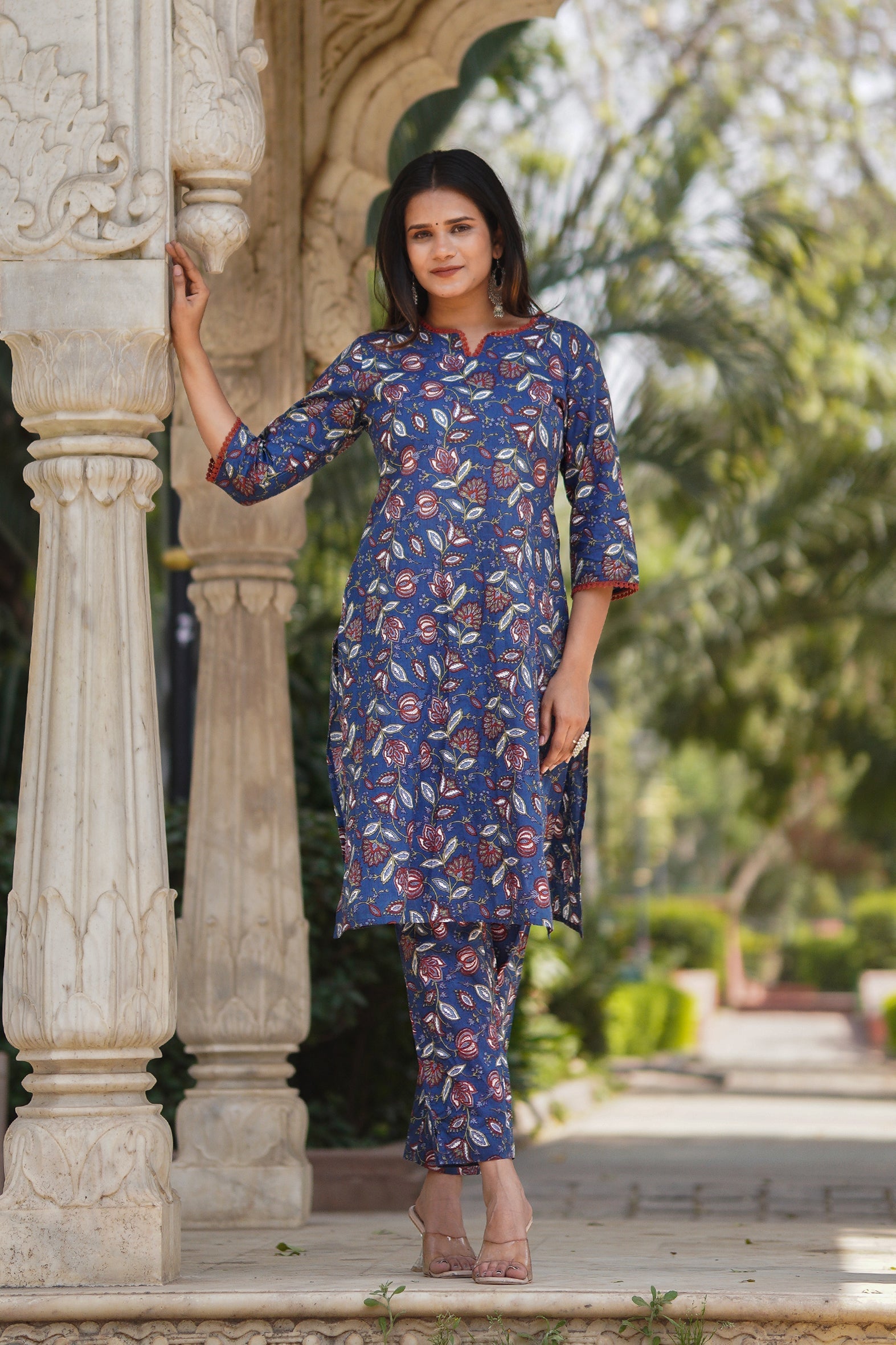 Blue Printed Cotton Kurta with Pants