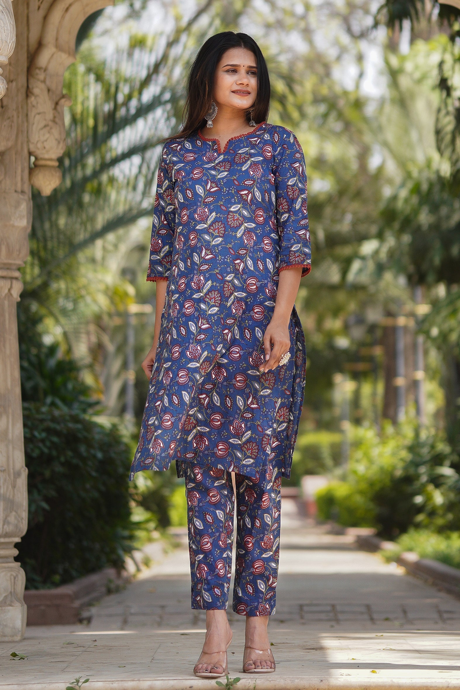 Blue Printed Cotton Kurta with Pants