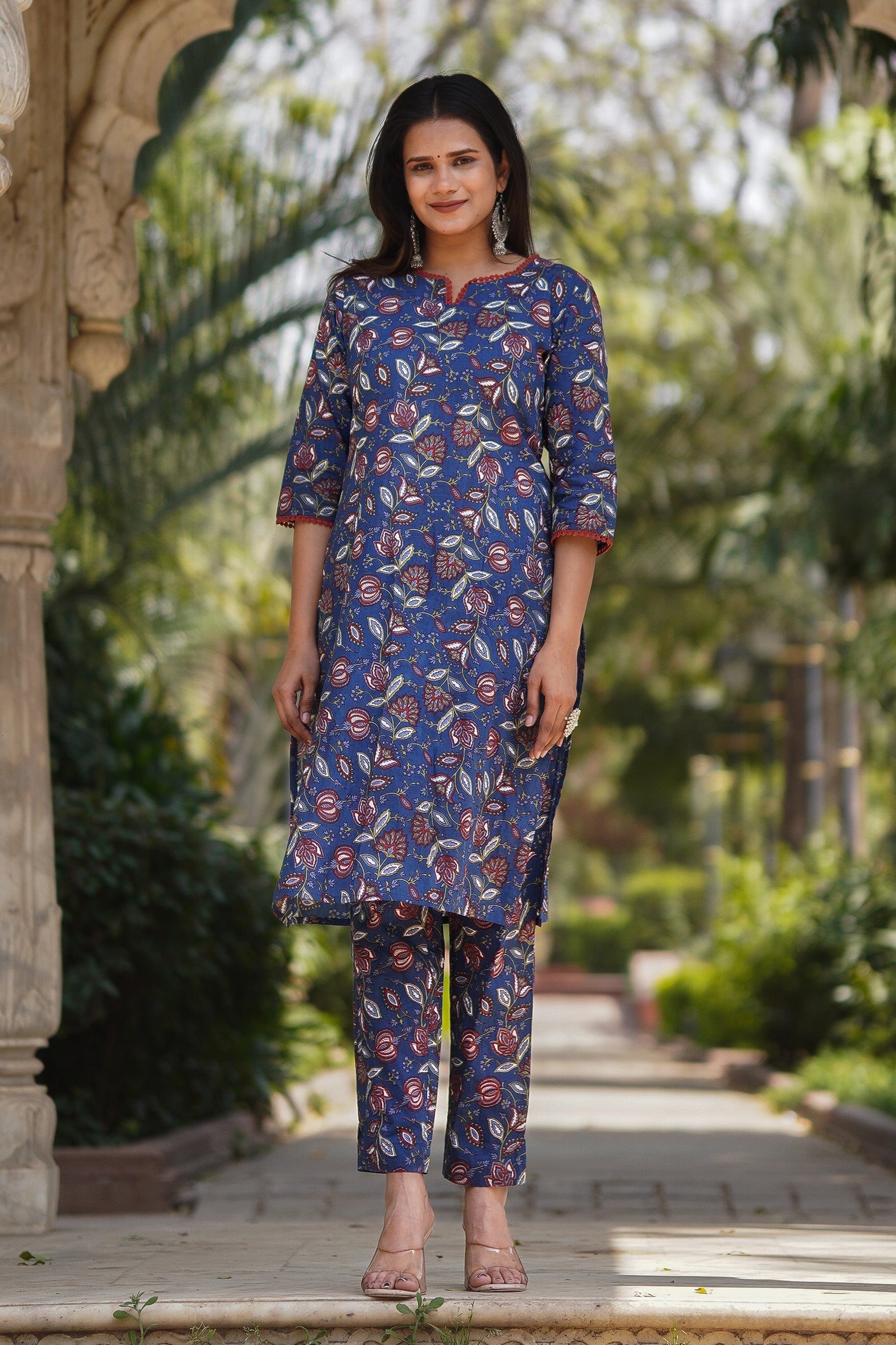 Blue Printed Cotton Kurta with Pants