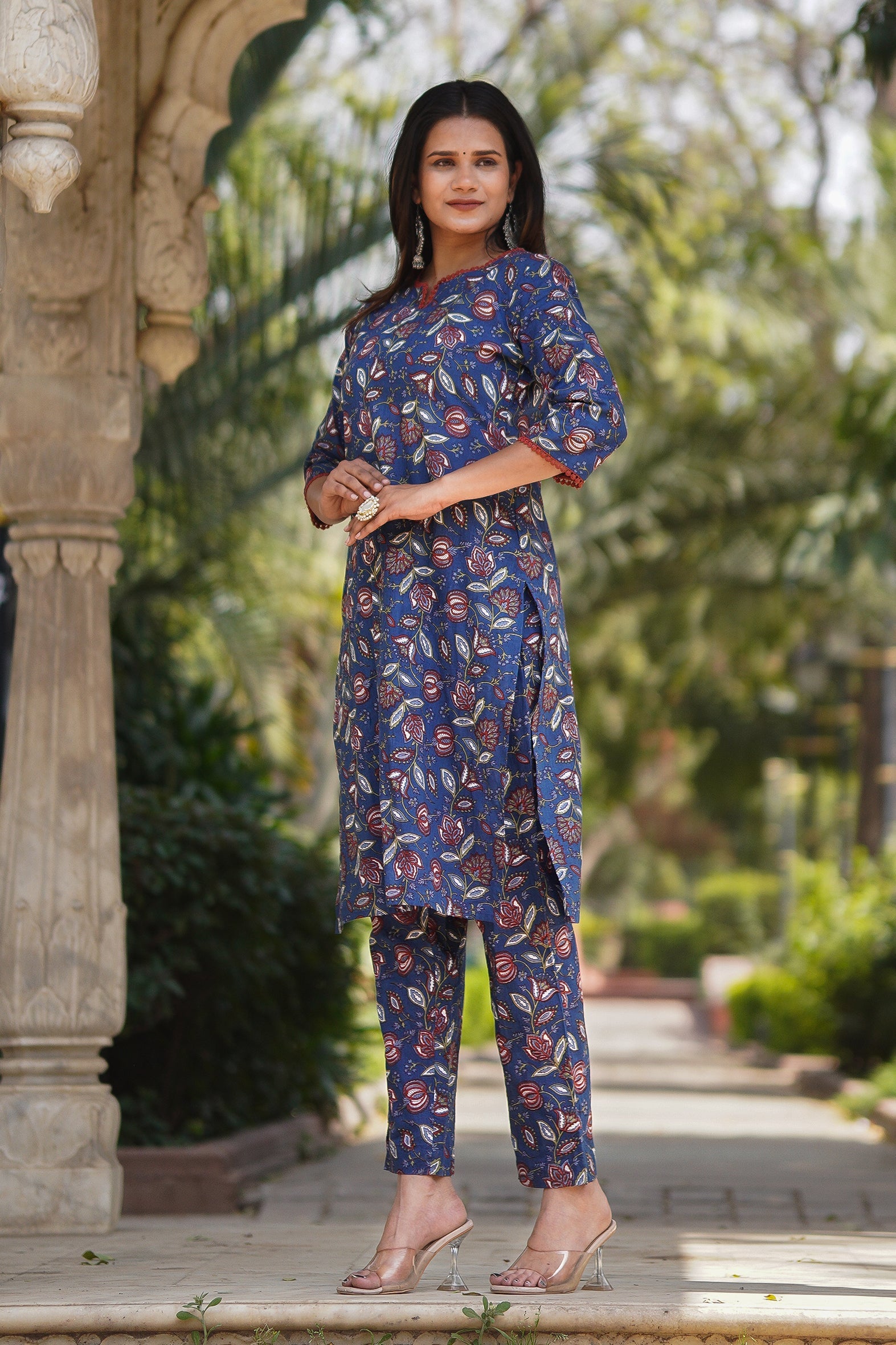 Blue Printed Cotton Kurta with Pants