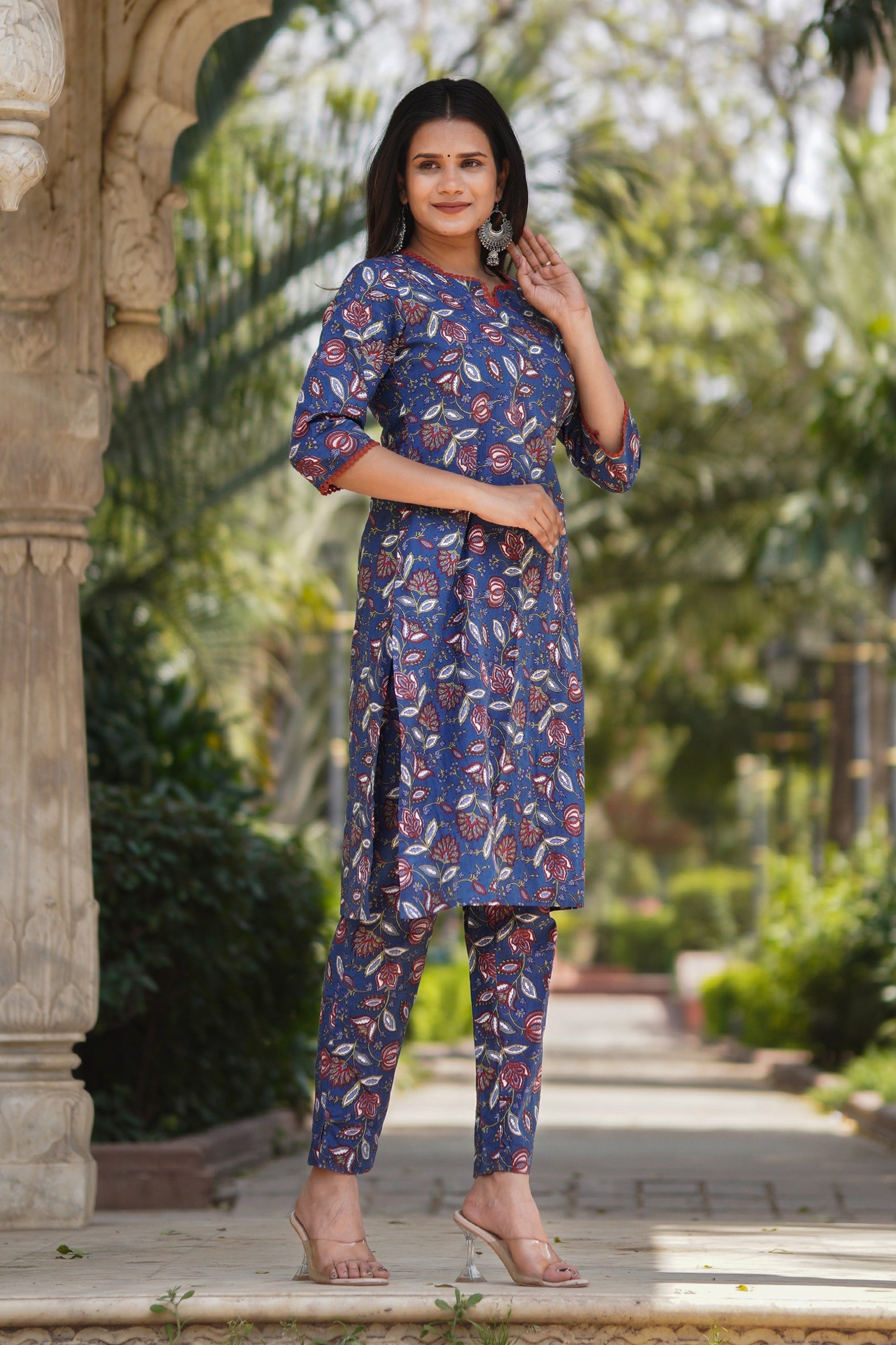 Blue Printed Cotton Kurta with Pants