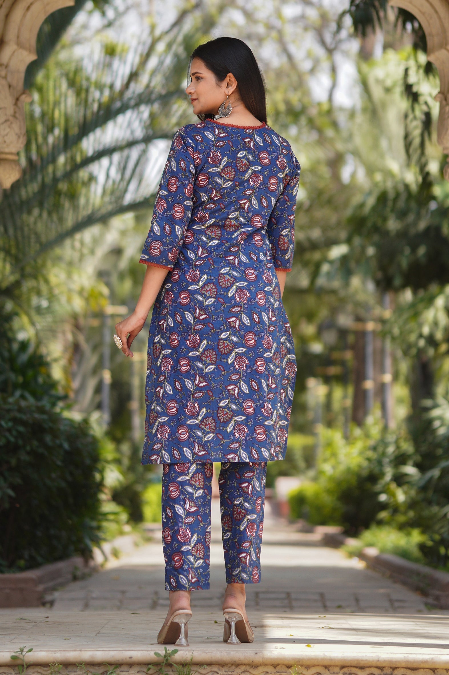 Blue Printed Cotton Kurta with Pants