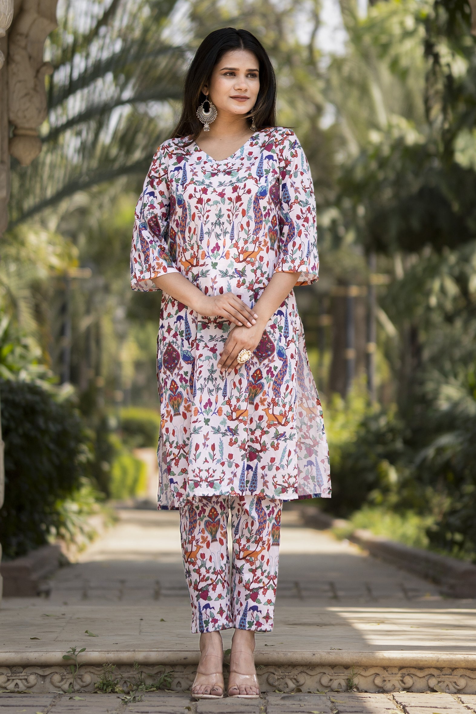 White Printed Muslin Kurta with Pants