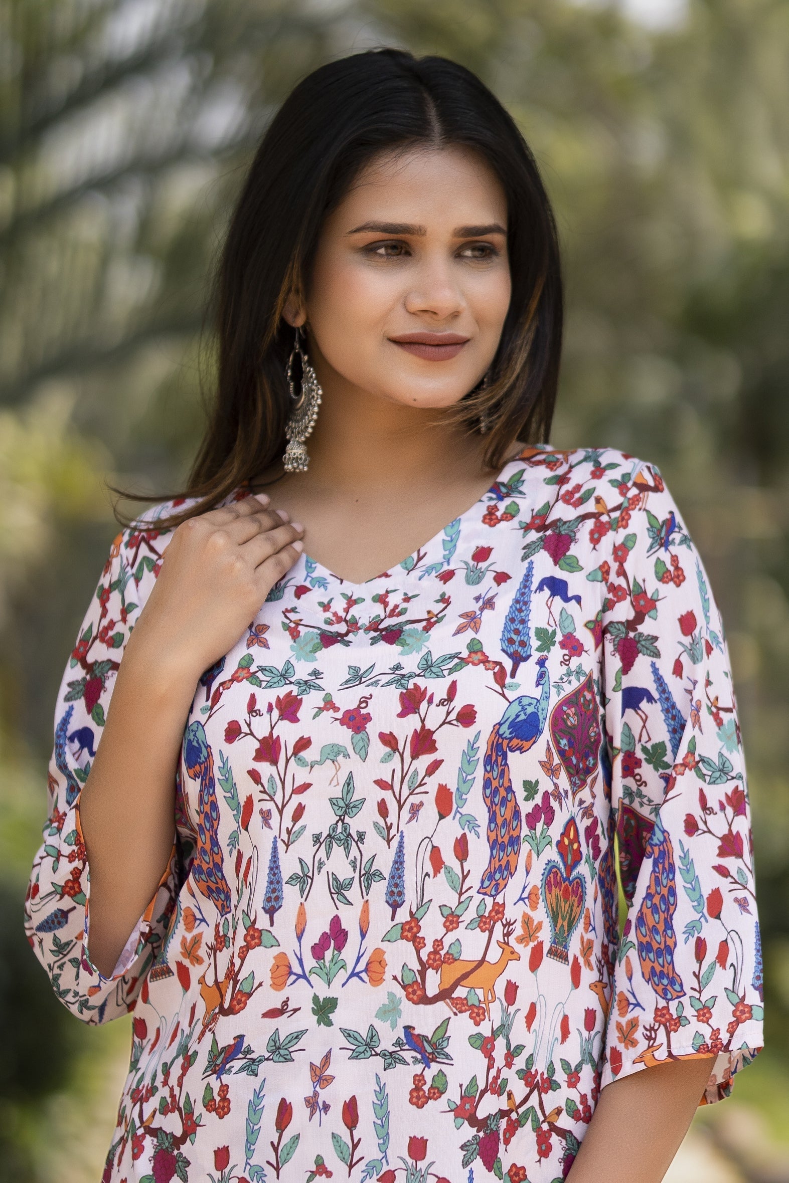 White Printed Muslin Kurta with Pants