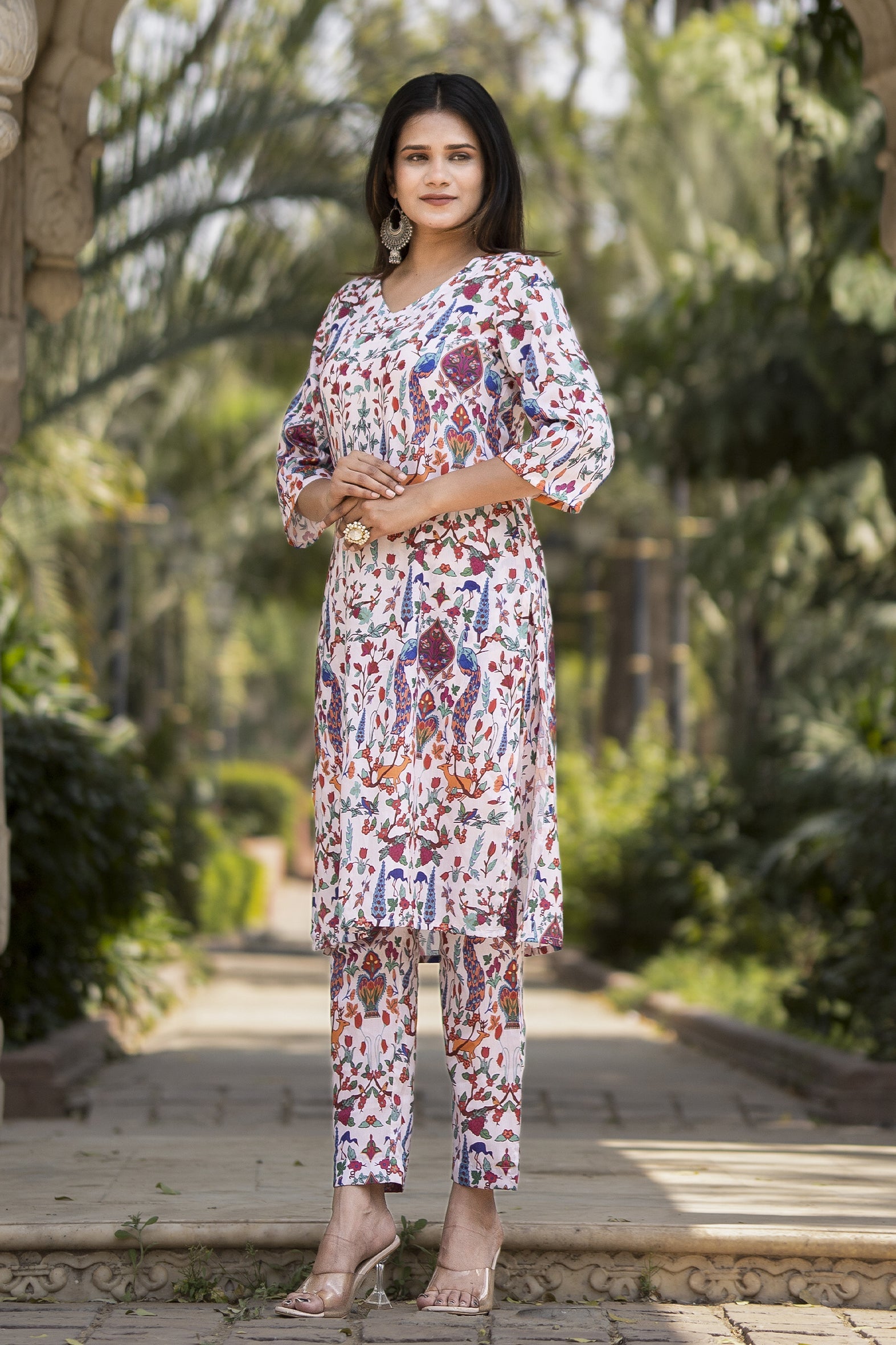 White Printed Muslin Kurta with Pants