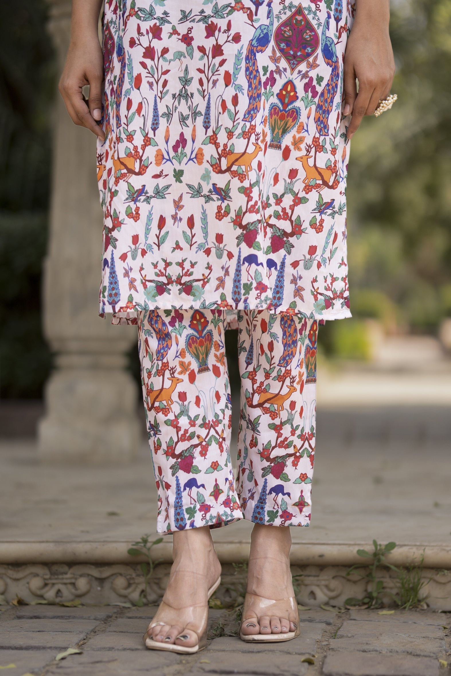 White Printed Muslin Kurta with Pants