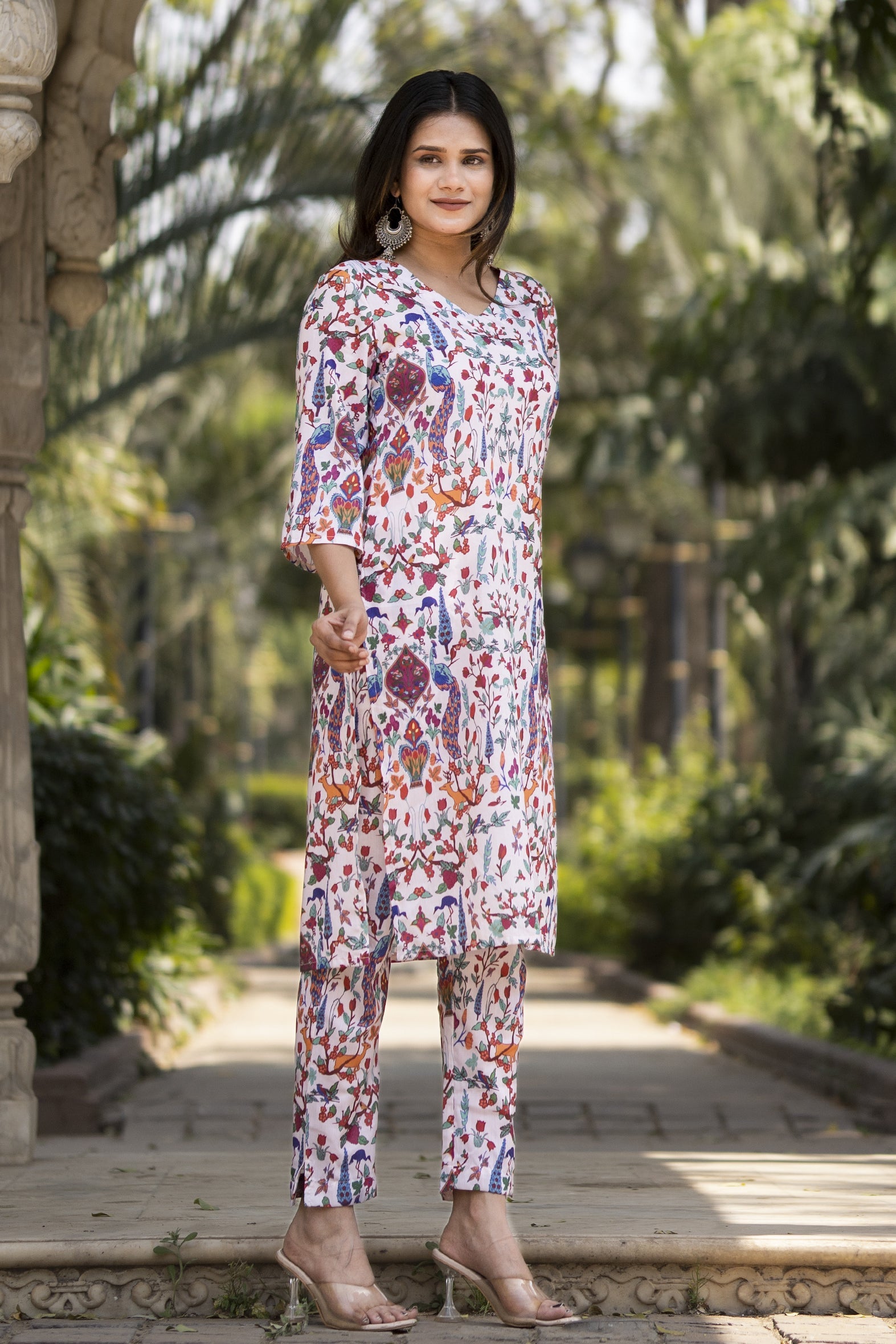 White Printed Muslin Kurta with Pants