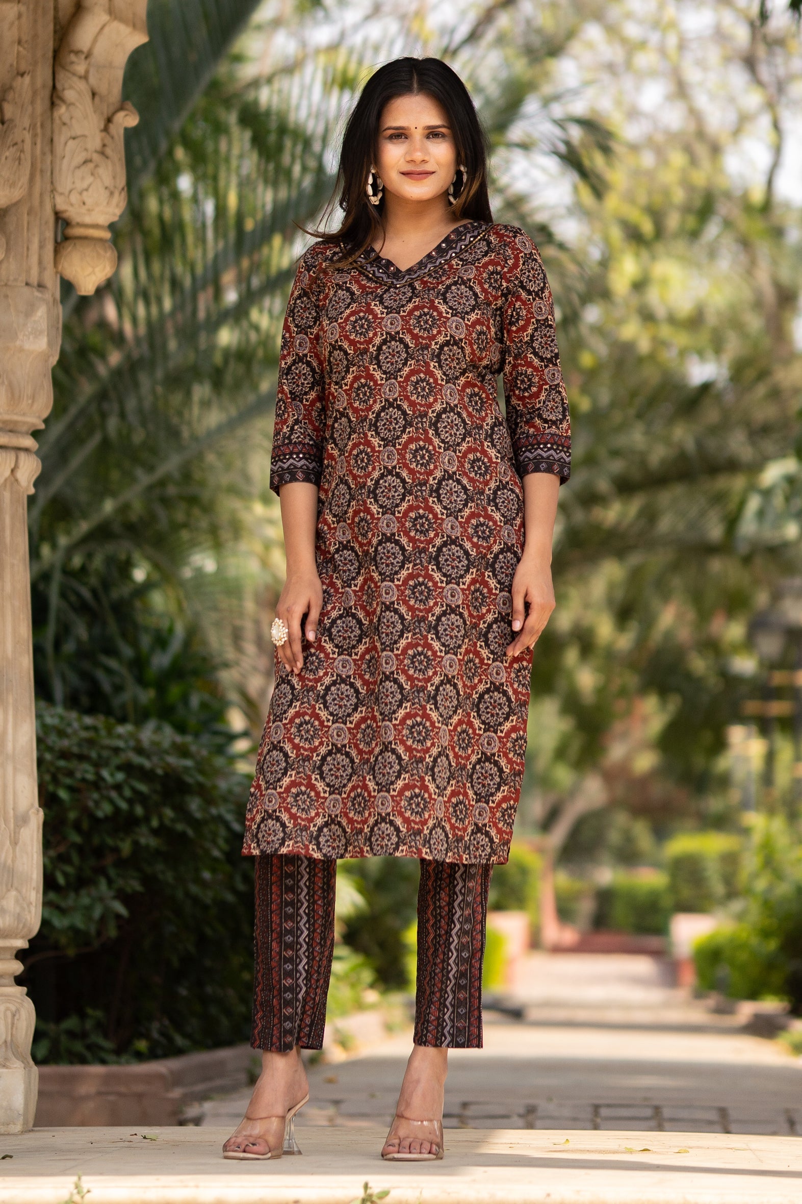 Maroon Printed Cotton Kurta with Pants