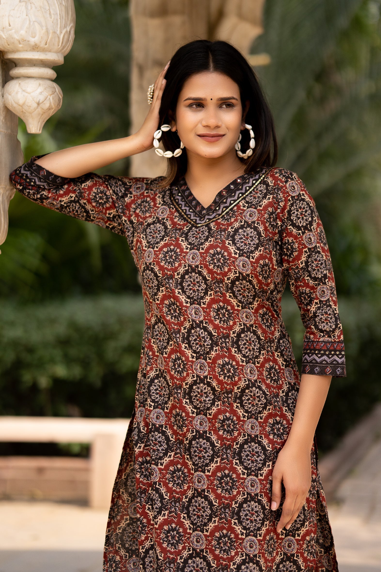 Maroon Printed Cotton Kurta with Pants