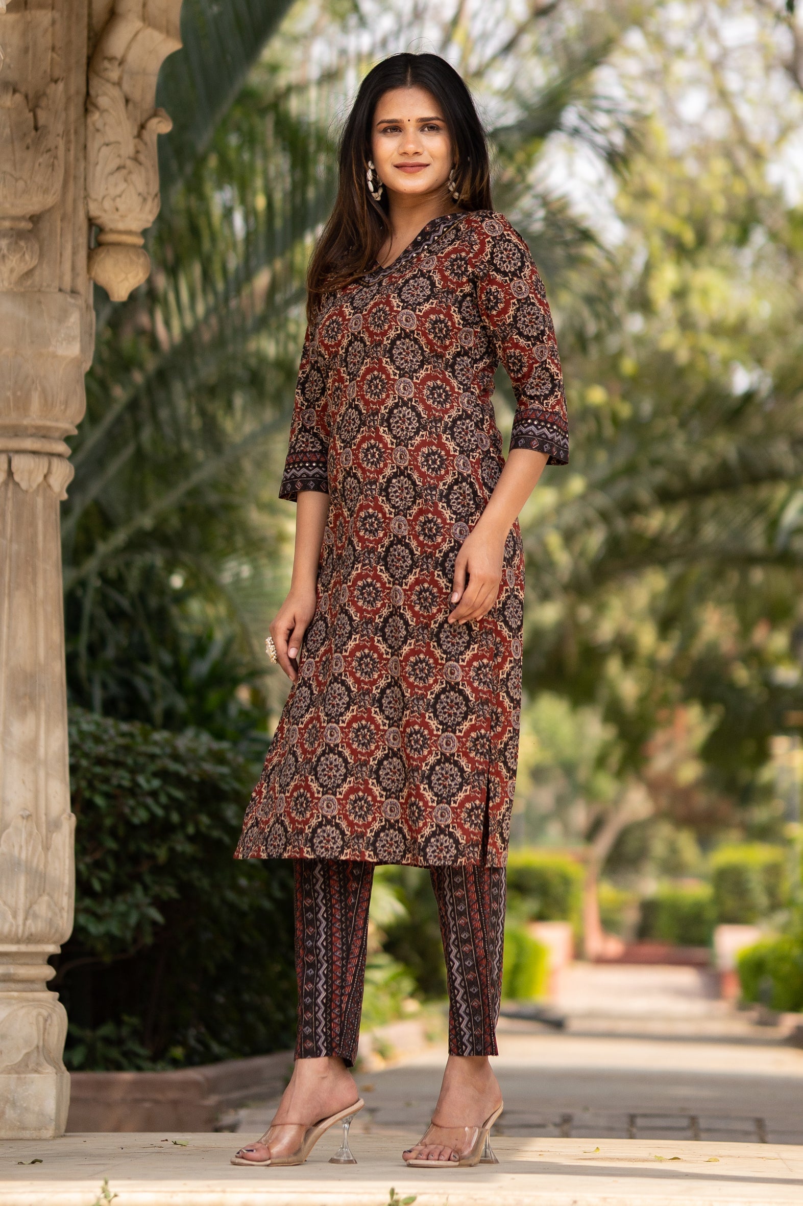 Maroon Printed Cotton Kurta with Pants